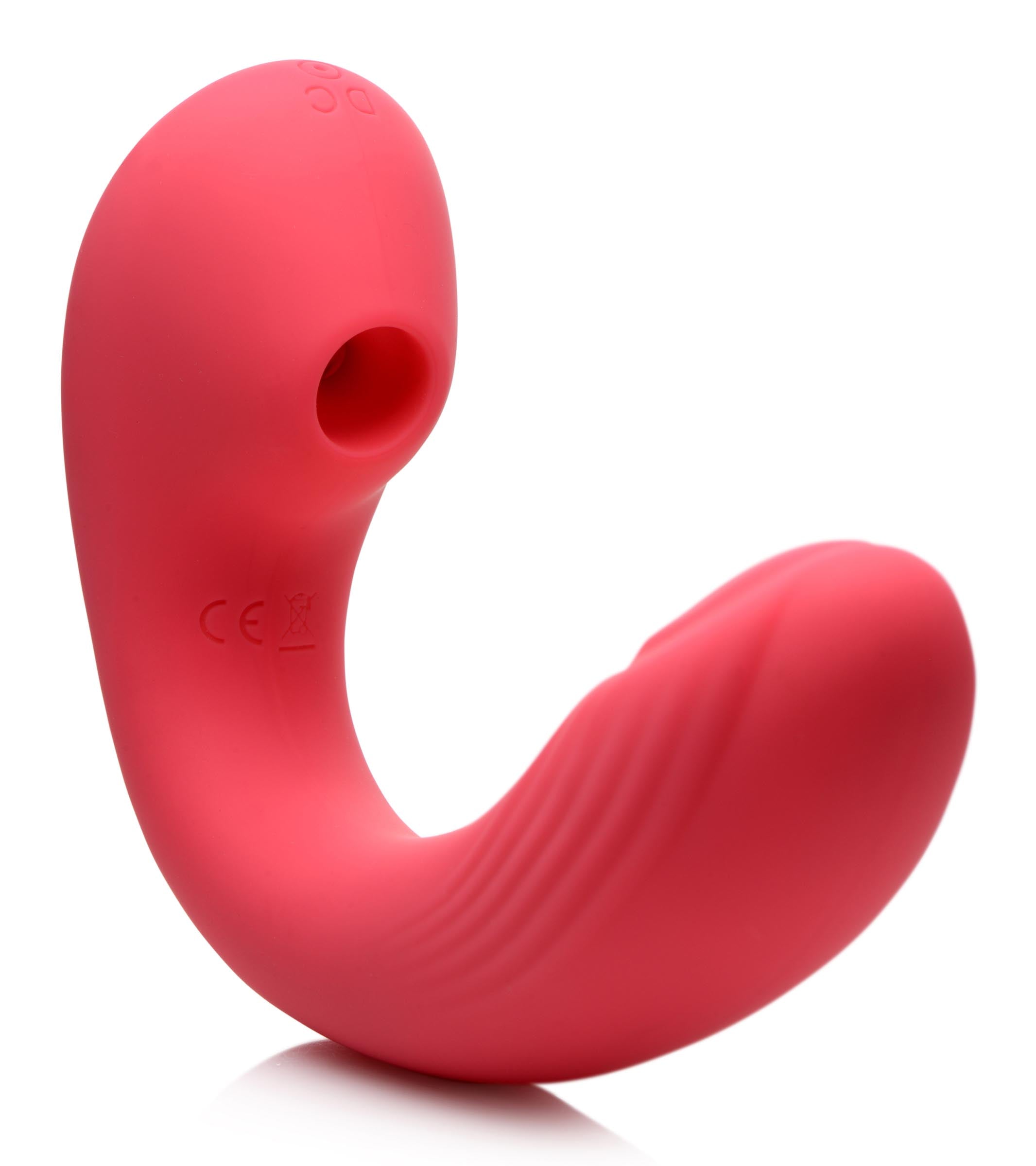 Joy-Pulse 7X Pulsing Silicone Air-Stim Vibe in pink, showcasing its flexible shaft and dual stimulation features.