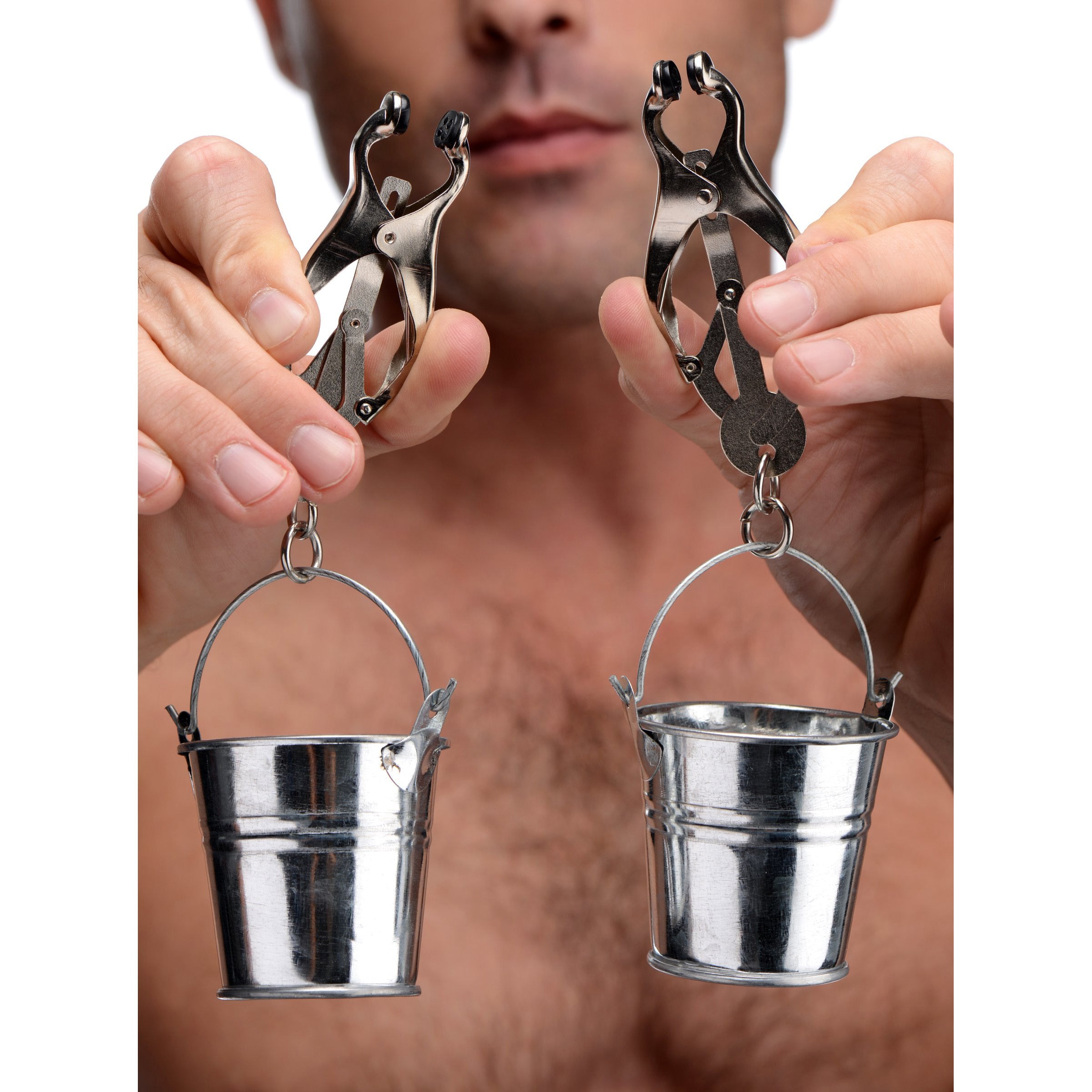 A pair of Jugs Nipple Clamps with small hanging buckets, designed for BDSM play, featuring rubber tips for comfort and stainless steel construction.