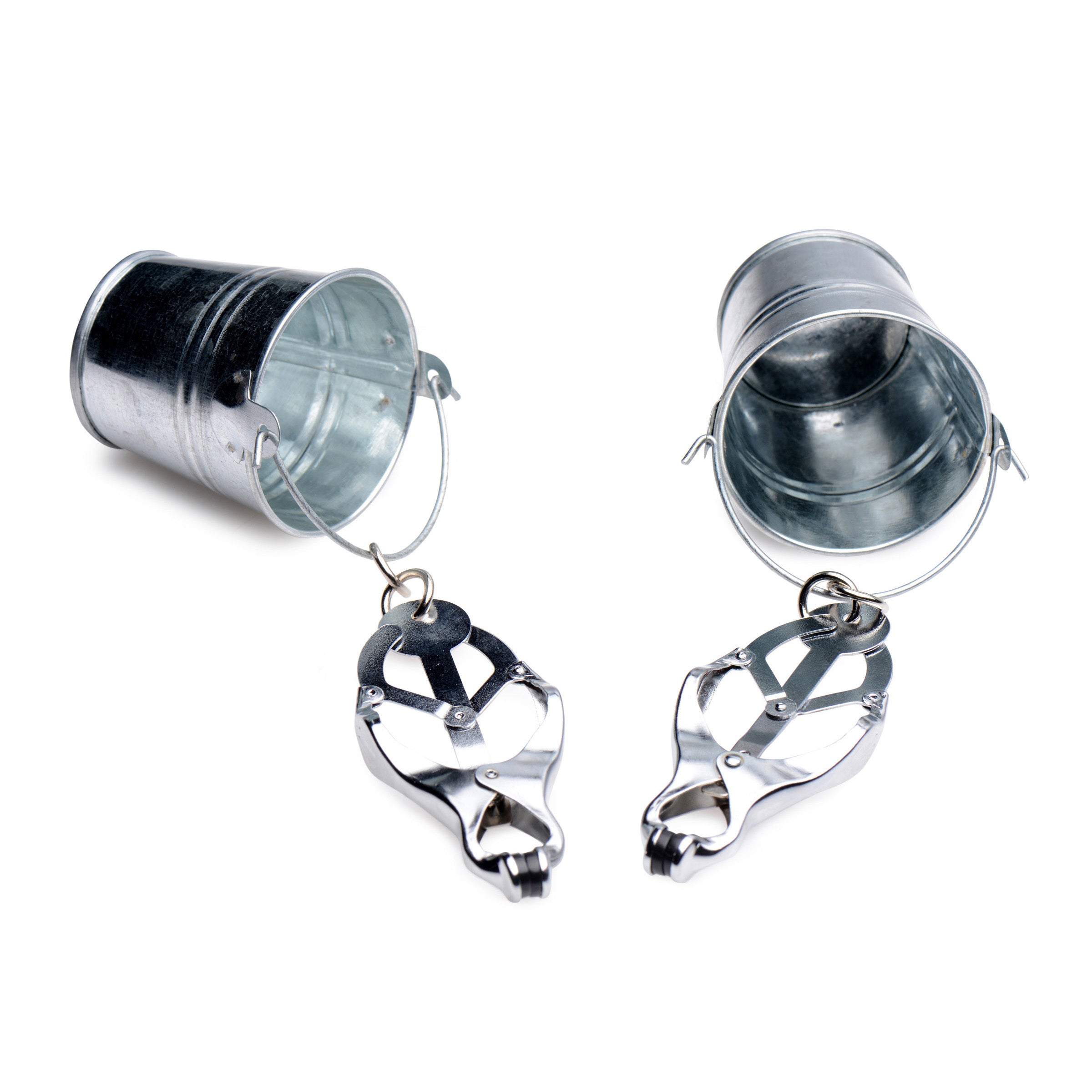 A pair of Jugs Nipple Clamps with small hanging buckets, designed for BDSM play, featuring rubber tips for comfort and stainless steel construction.