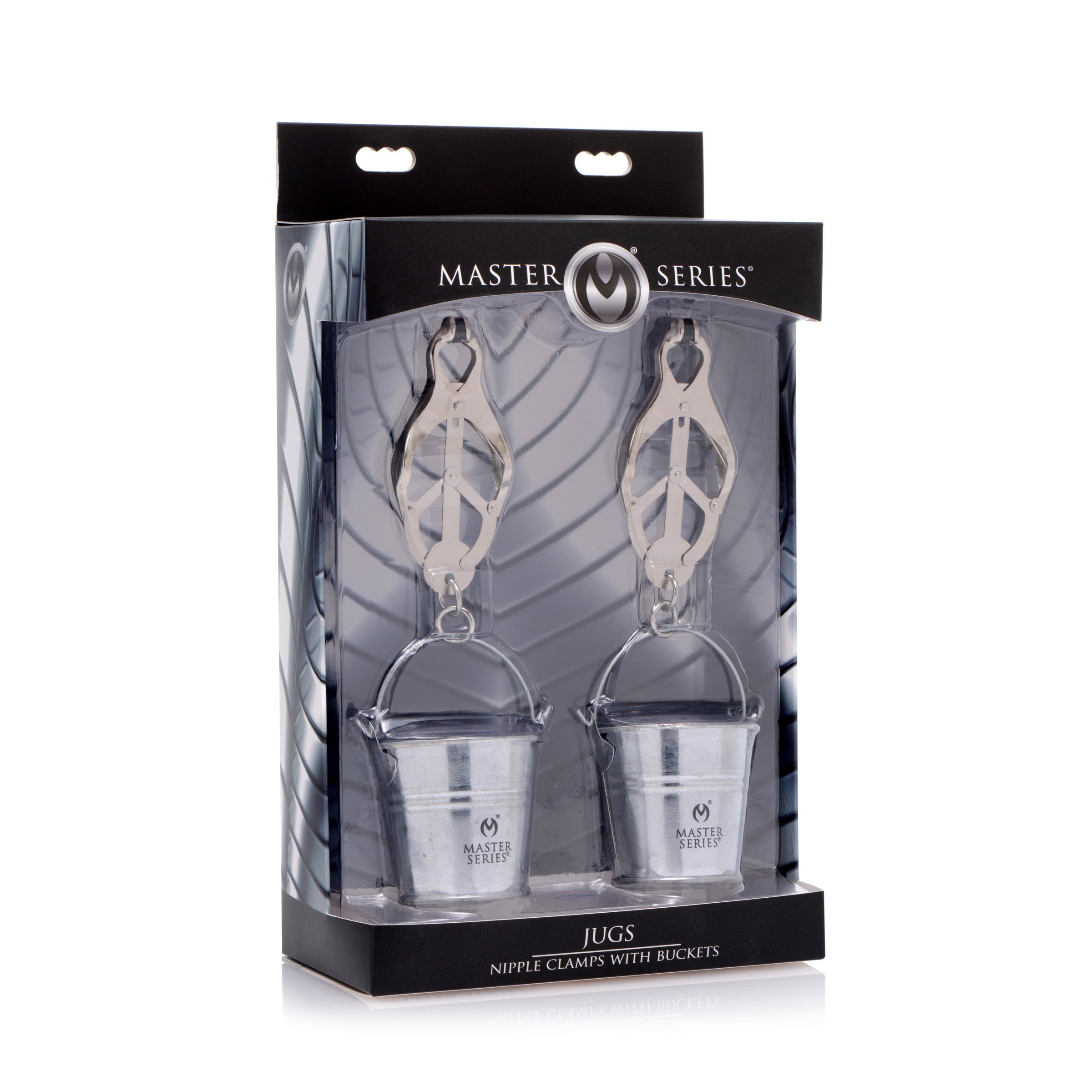 A pair of Jugs Nipple Clamps with small hanging buckets, designed for BDSM play, featuring rubber tips for comfort and stainless steel construction.