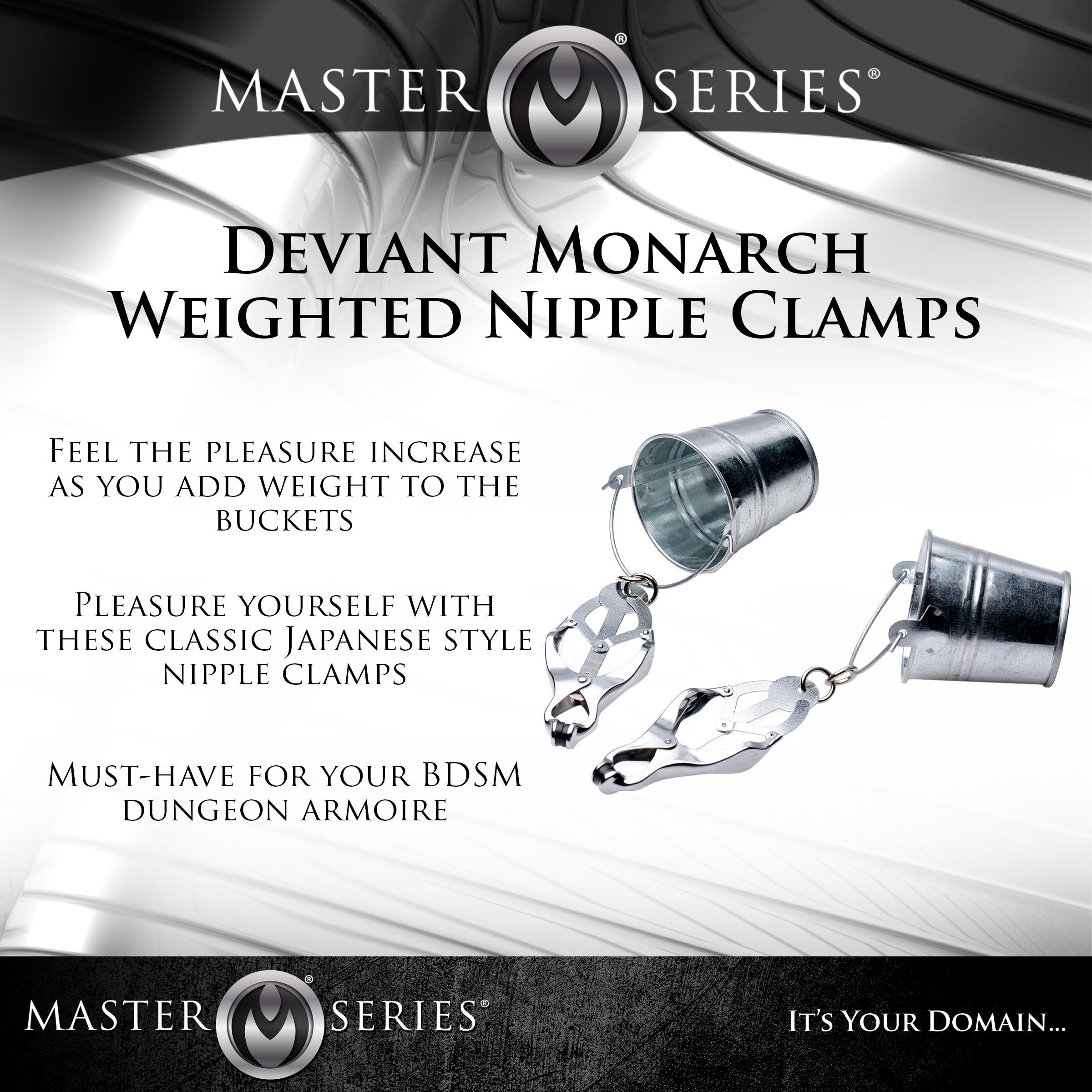 A pair of Jugs Nipple Clamps with small hanging buckets, designed for BDSM play, featuring rubber tips for comfort and stainless steel construction.