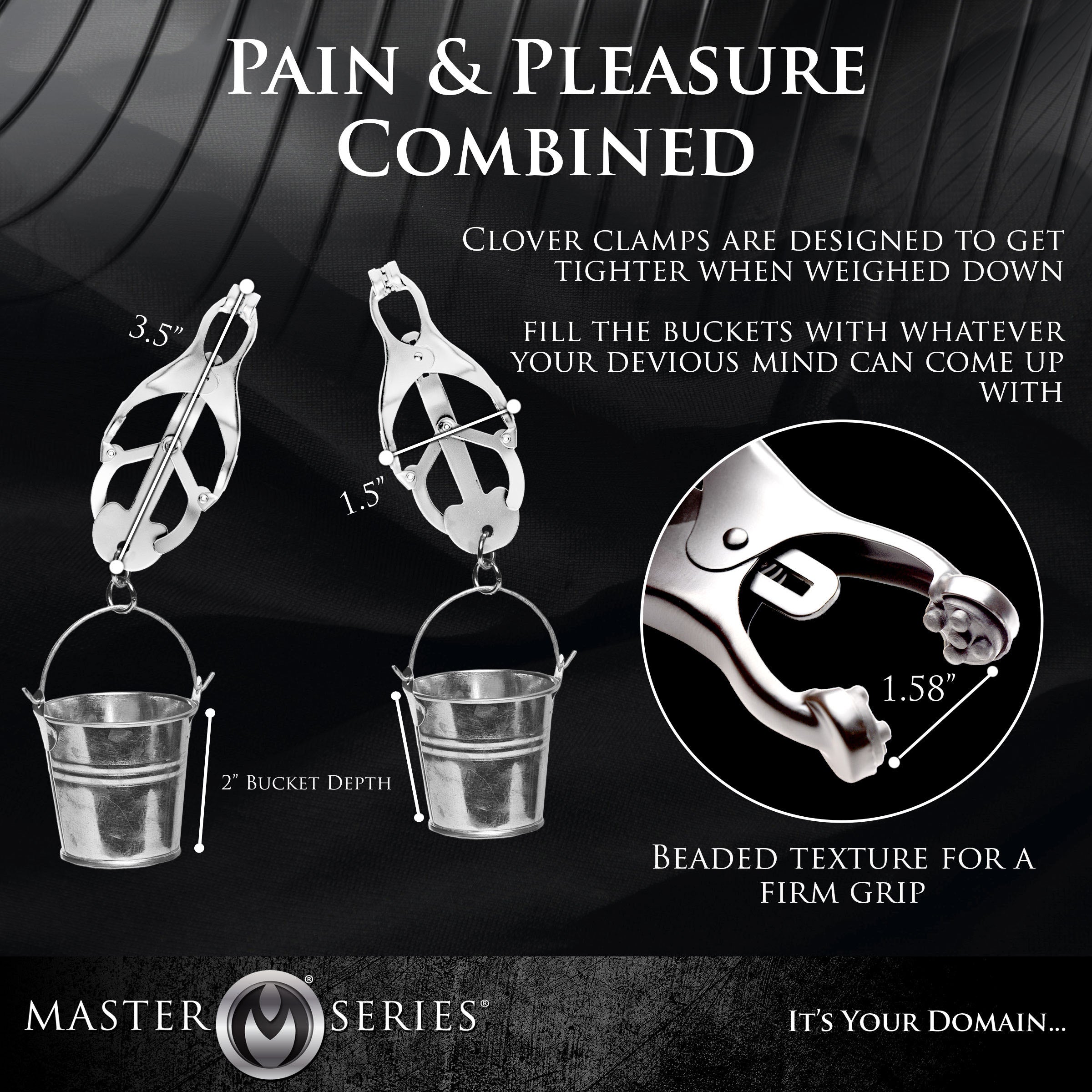 A pair of Jugs Nipple Clamps with small hanging buckets, designed for BDSM play, featuring rubber tips for comfort and stainless steel construction.
