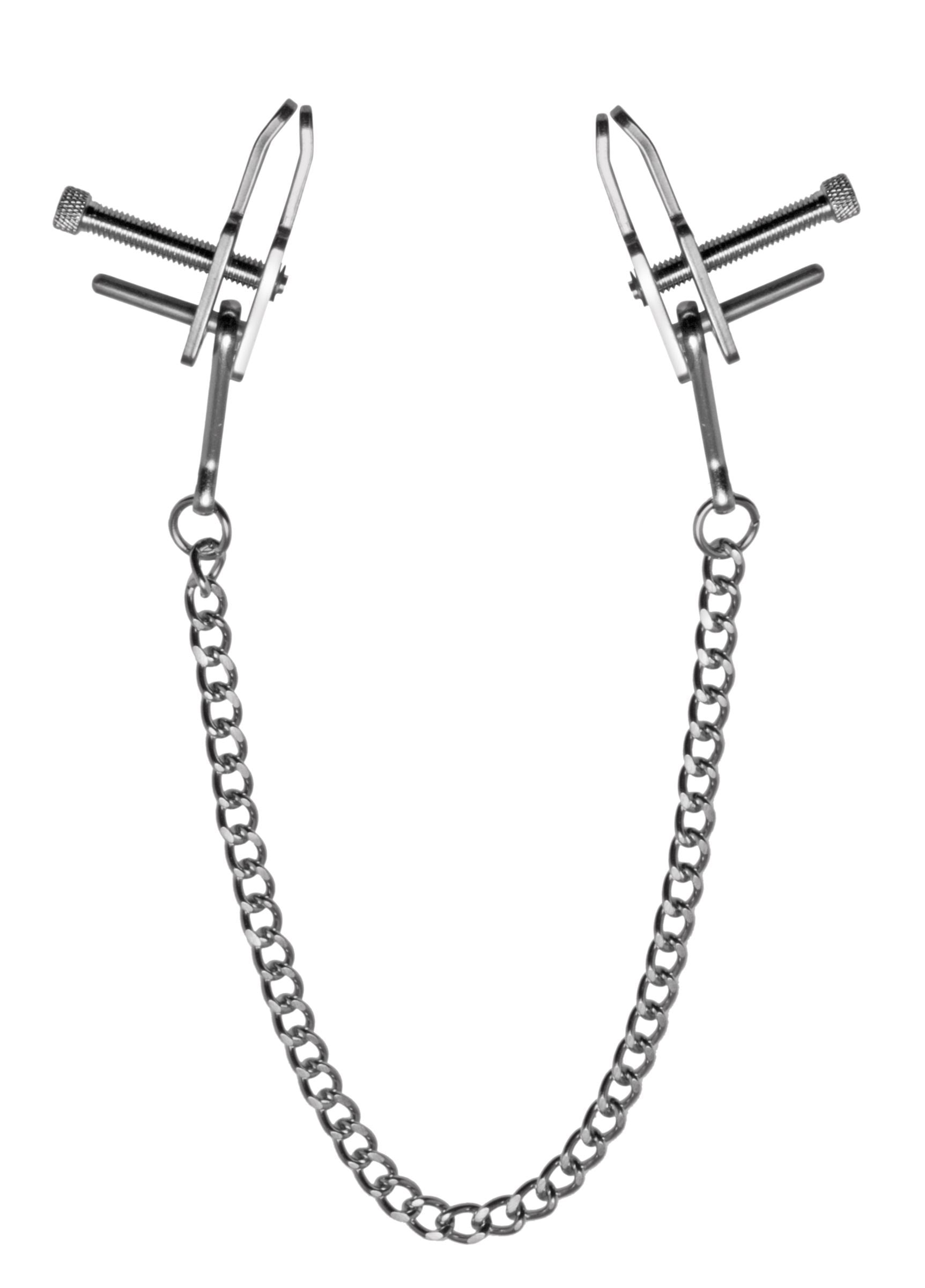 A pair of silver metal kneeling clamps designed to connect a submissive's nose to their genitals, featuring adjustable thumbscrews for pressure control.