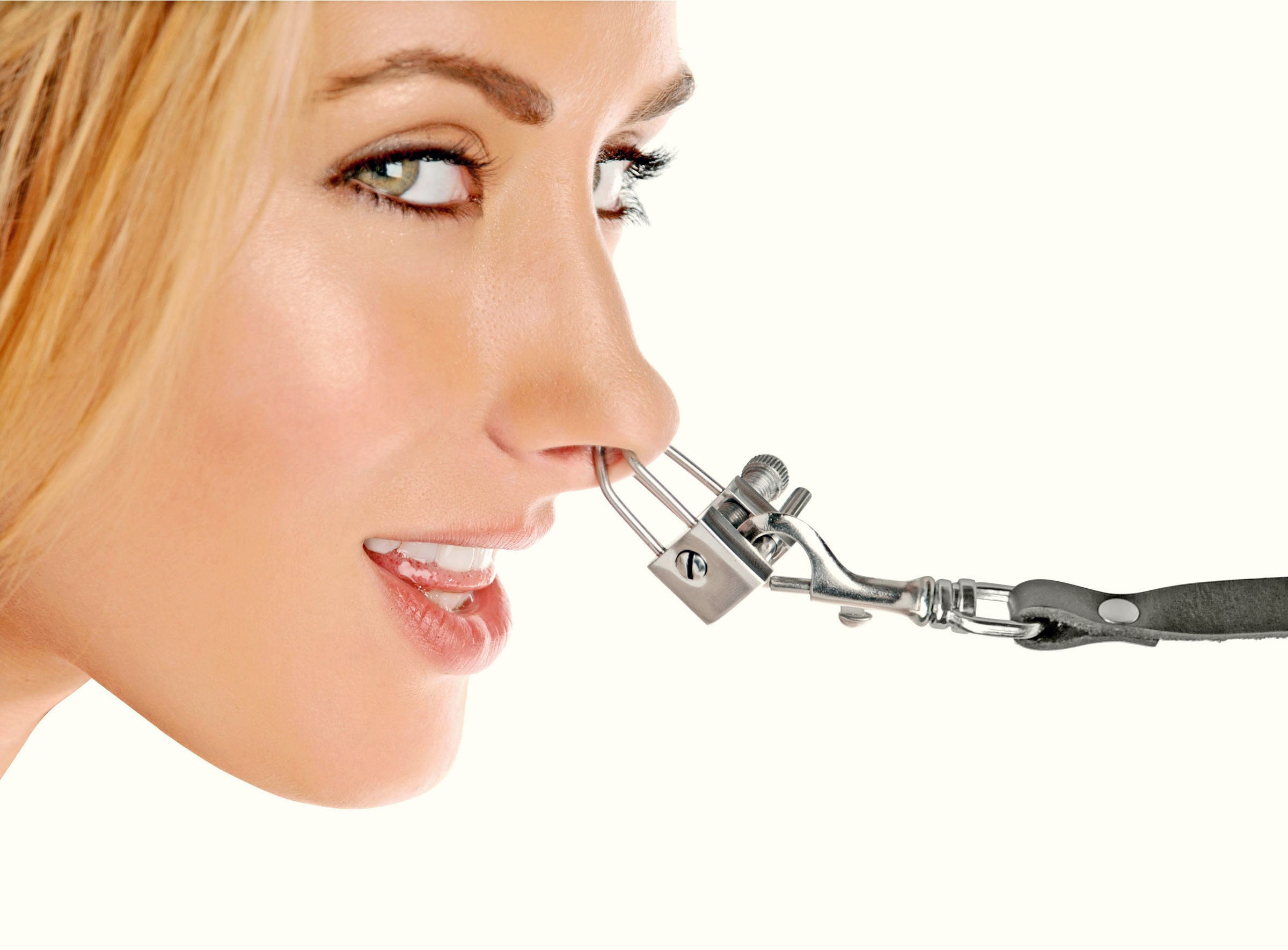 Lead Them by the Nose Shackle and Leash Kit featuring a black leather leash and adjustable nose shackle for bondage play.