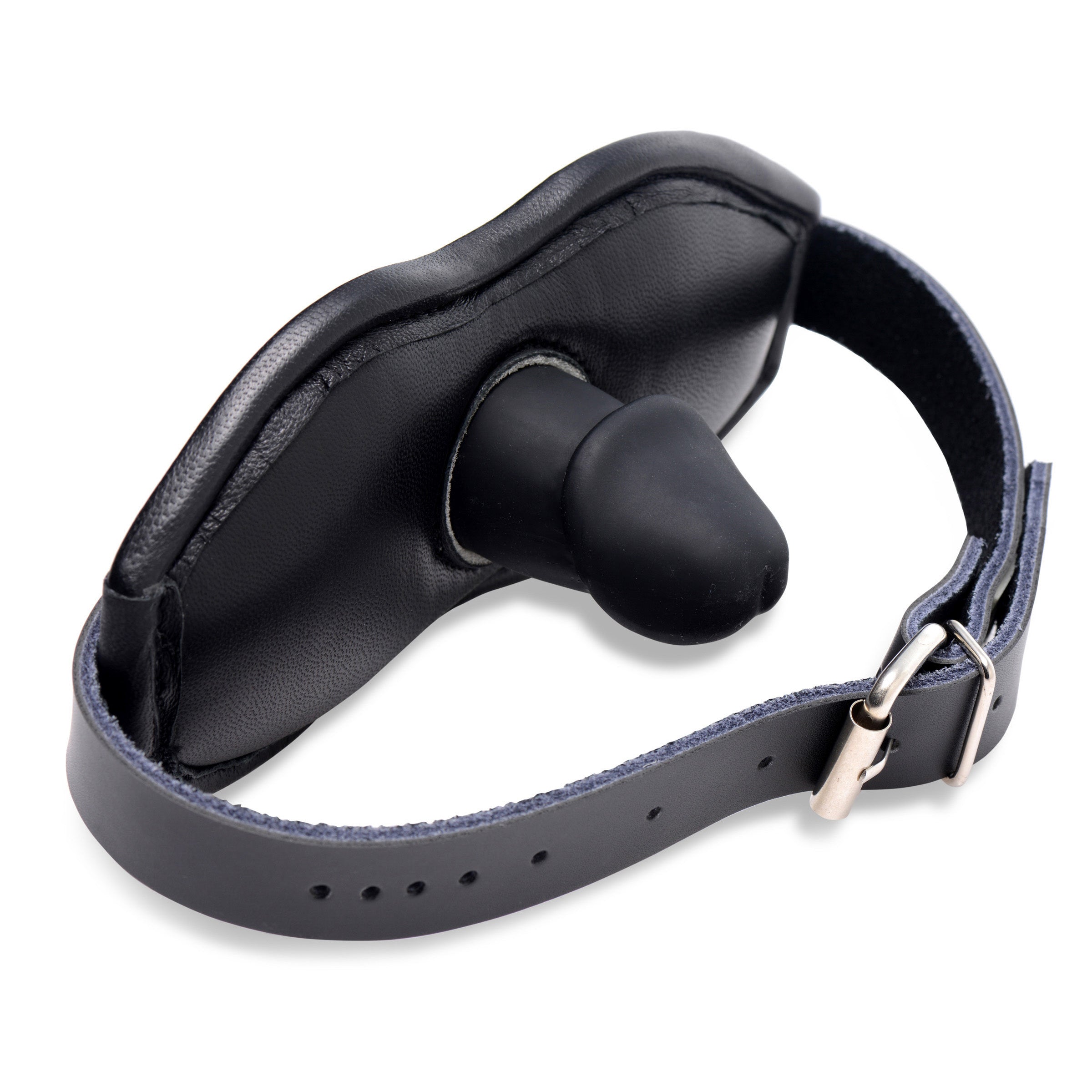 Leather Padded Silicone Penis Mouth Gag with adjustable strap and padded interior for comfort during BDSM play.