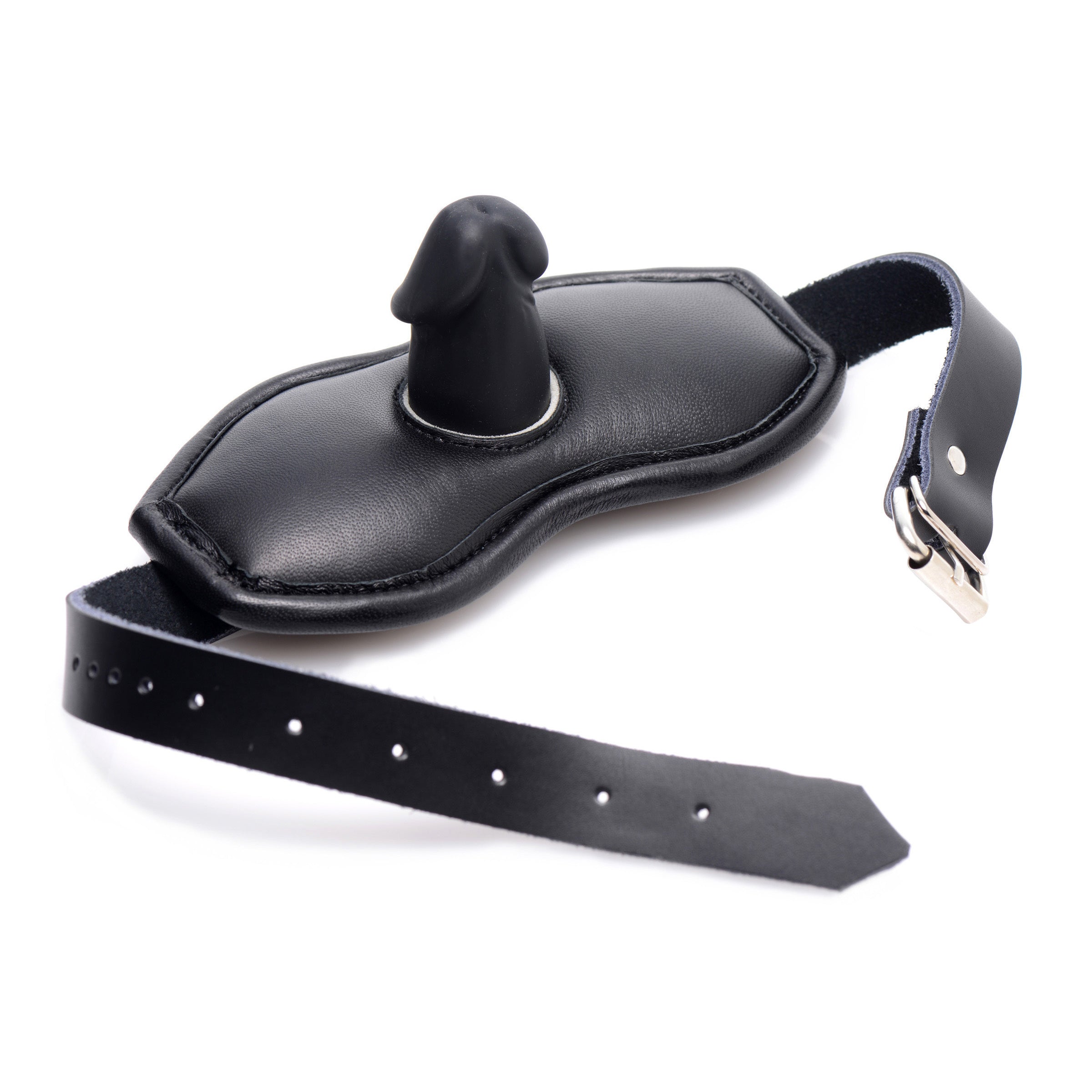 Leather Padded Silicone Penis Mouth Gag with adjustable strap and padded interior for comfort during BDSM play.