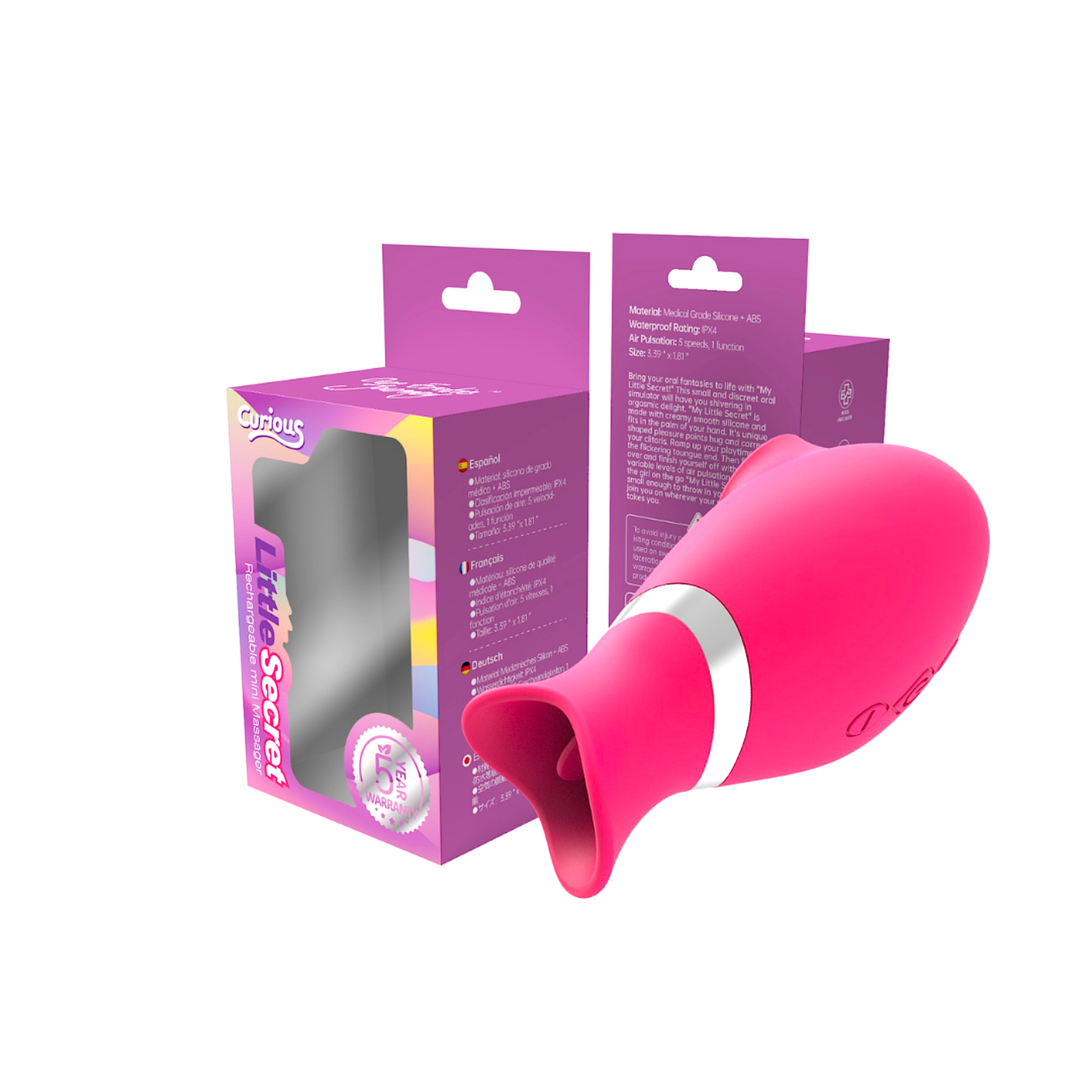 Little Secret Dual Action Air Suction Mini Massager in soft silicone, designed for discreet pleasure with a flickering tongue end and adjustable air pulsation.