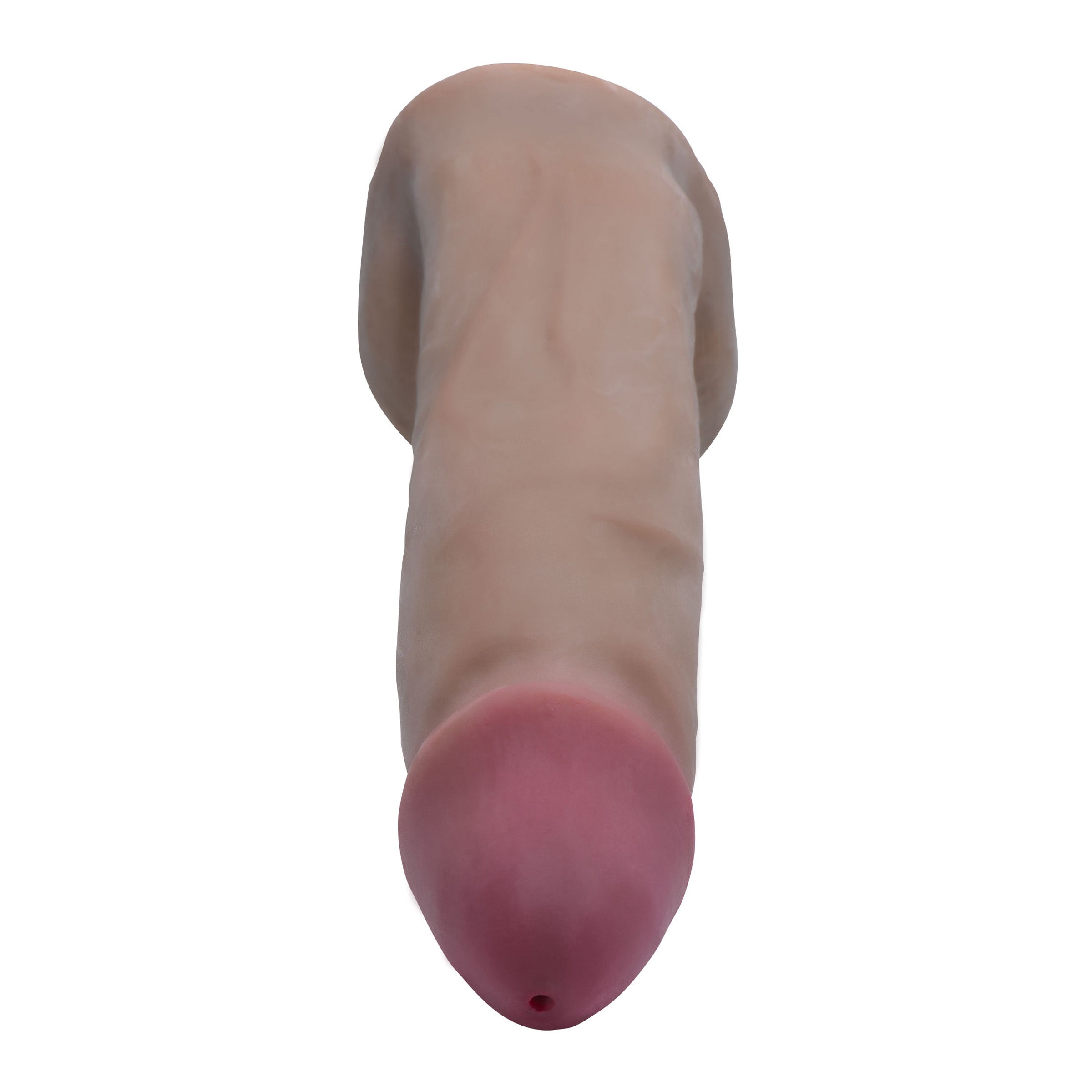 Loadz Squirting Dildo - 8 inch with reservoir in balls, showcasing its realistic design and dual density texture.