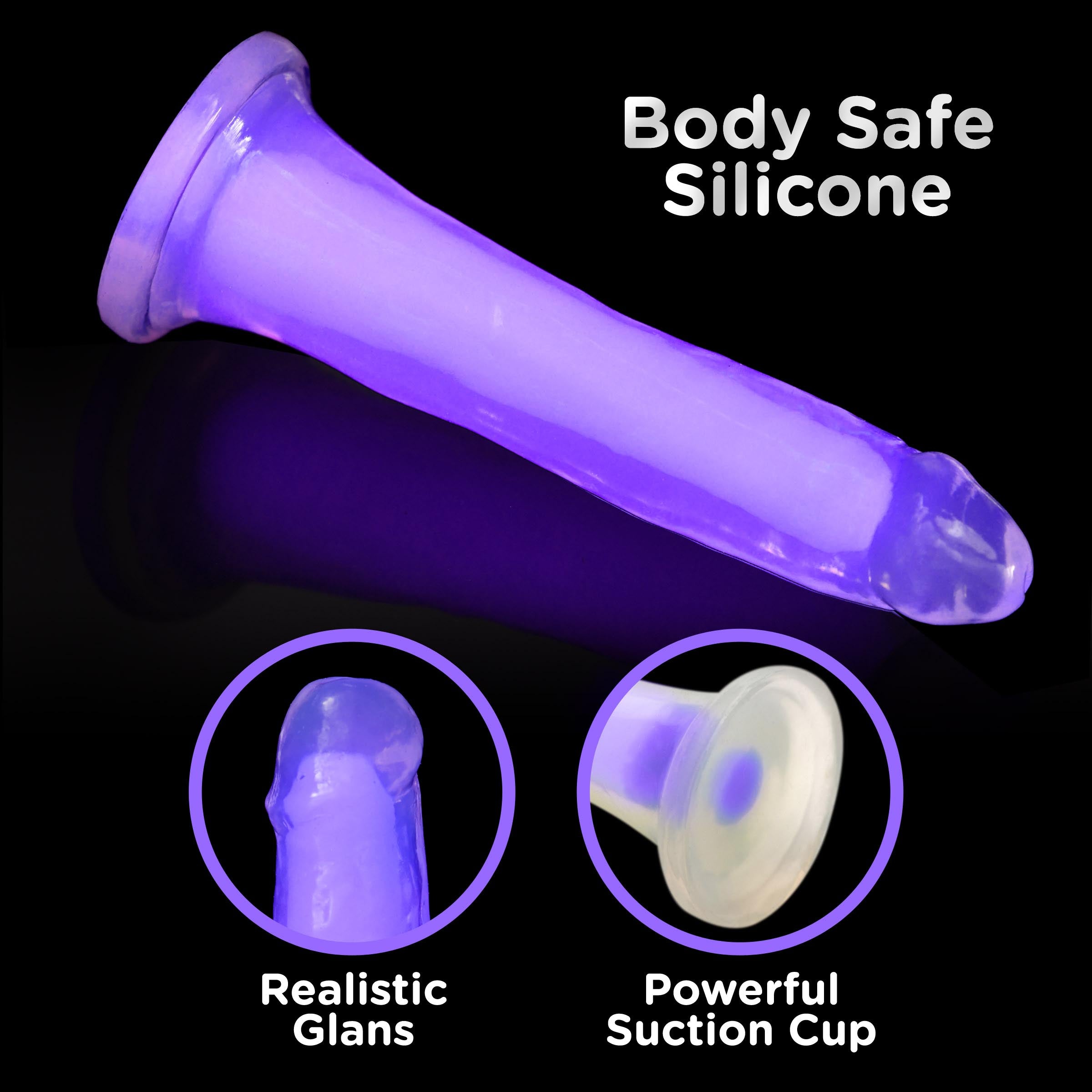 Lollicock 7" Glow-in-the-Dark Silicone Dildo in Purple, showcasing its realistic shape and flanged base.