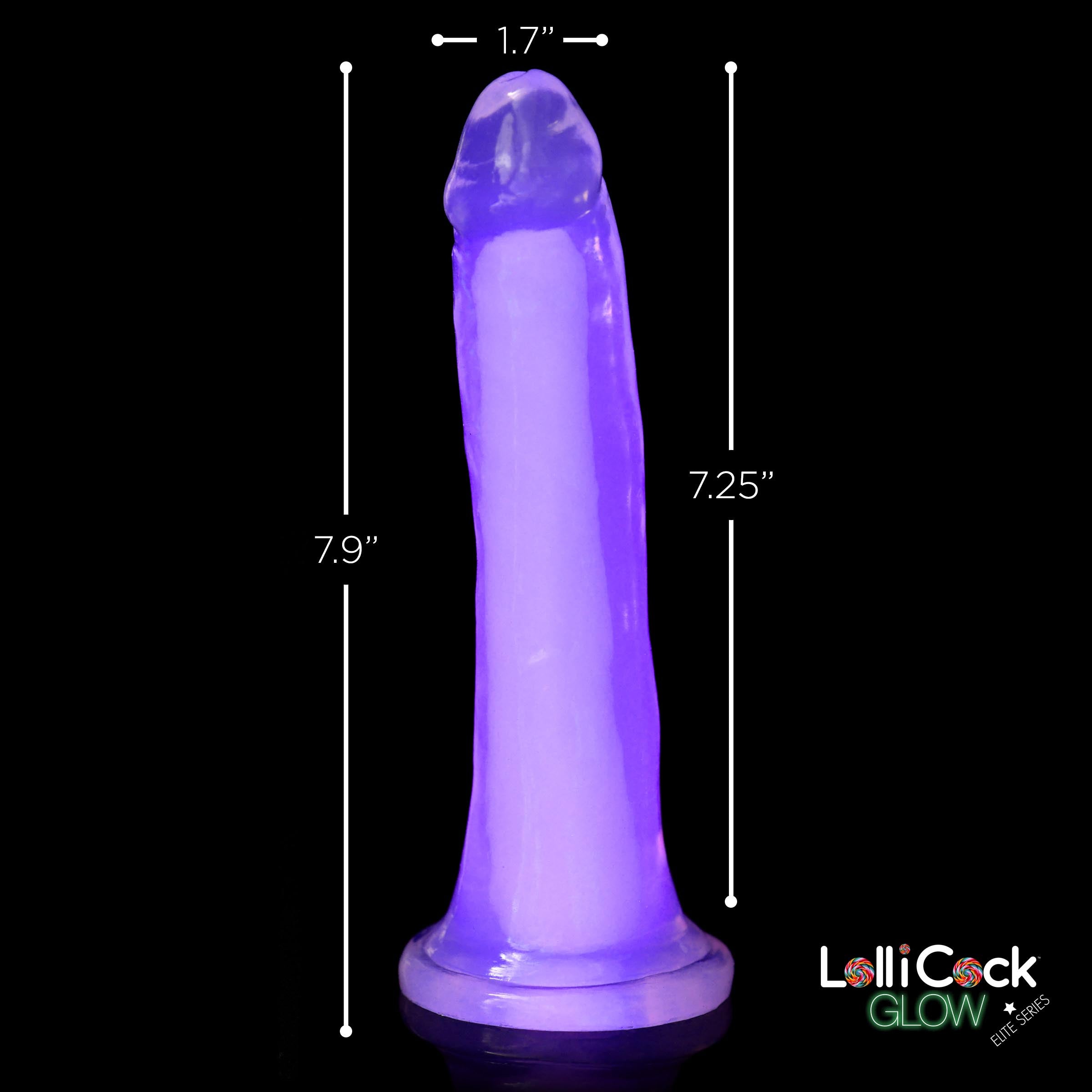 Lollicock 7" Glow-in-the-Dark Silicone Dildo in Purple, showcasing its realistic shape and flanged base.