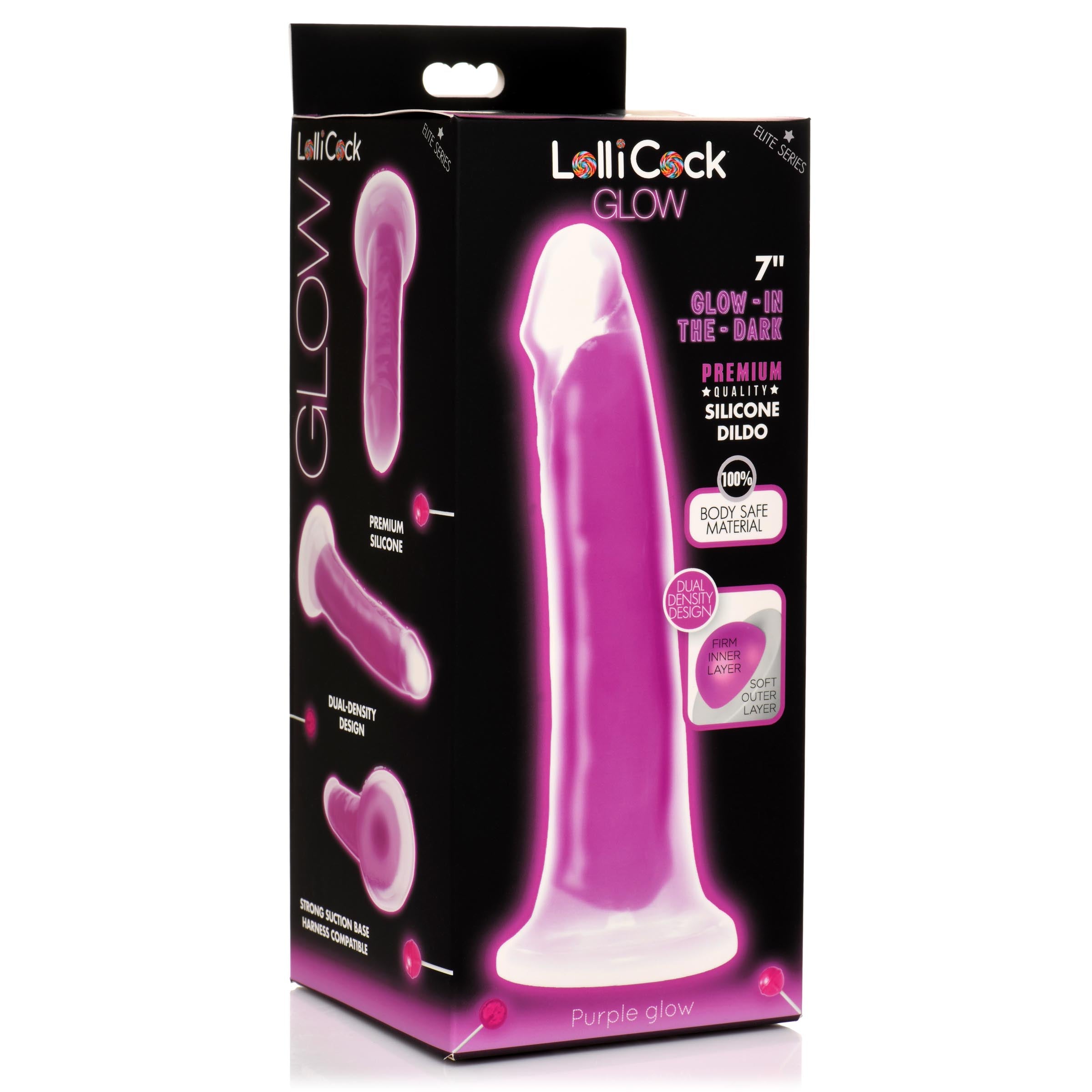 Lollicock 7" Glow-in-the-Dark Silicone Dildo in Purple, showcasing its realistic shape and flanged base.