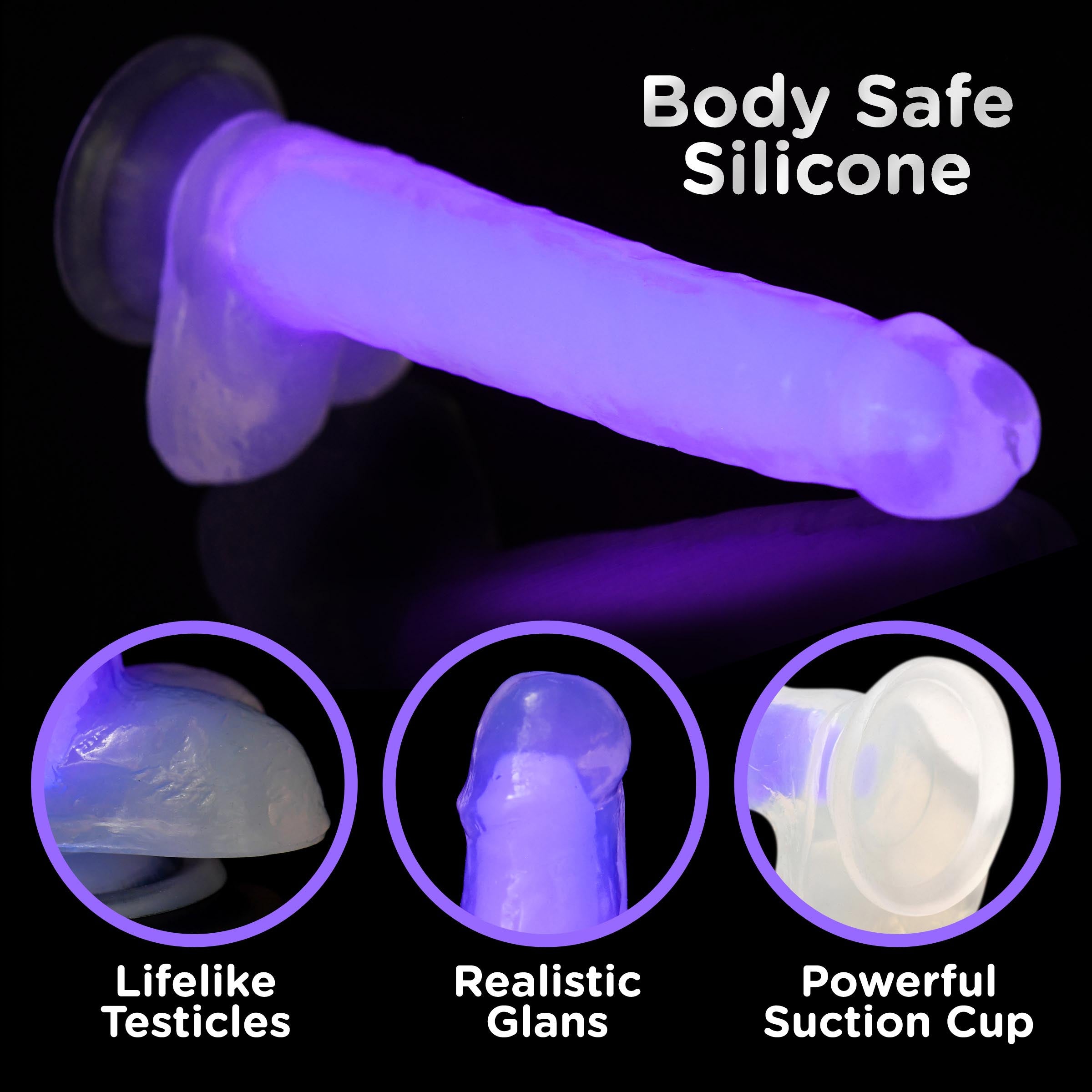 Lollicock 7" Glow-in-the-Dark Silicone Dildo in purple, featuring realistic shape, balls, and a strong suction cup base.
