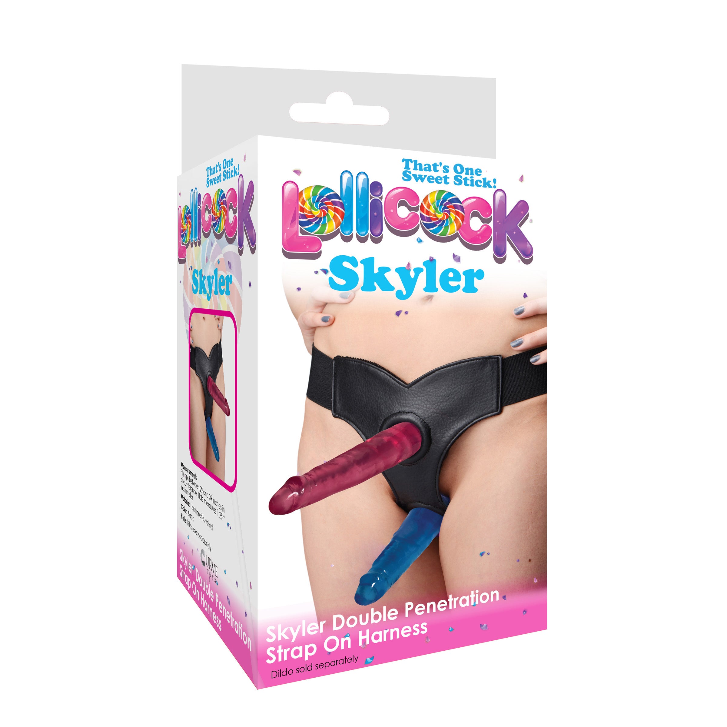 Lollicock Skyler Double Penetration Strap-on Harness featuring a black leatherette design with soft velvet interior for comfort.