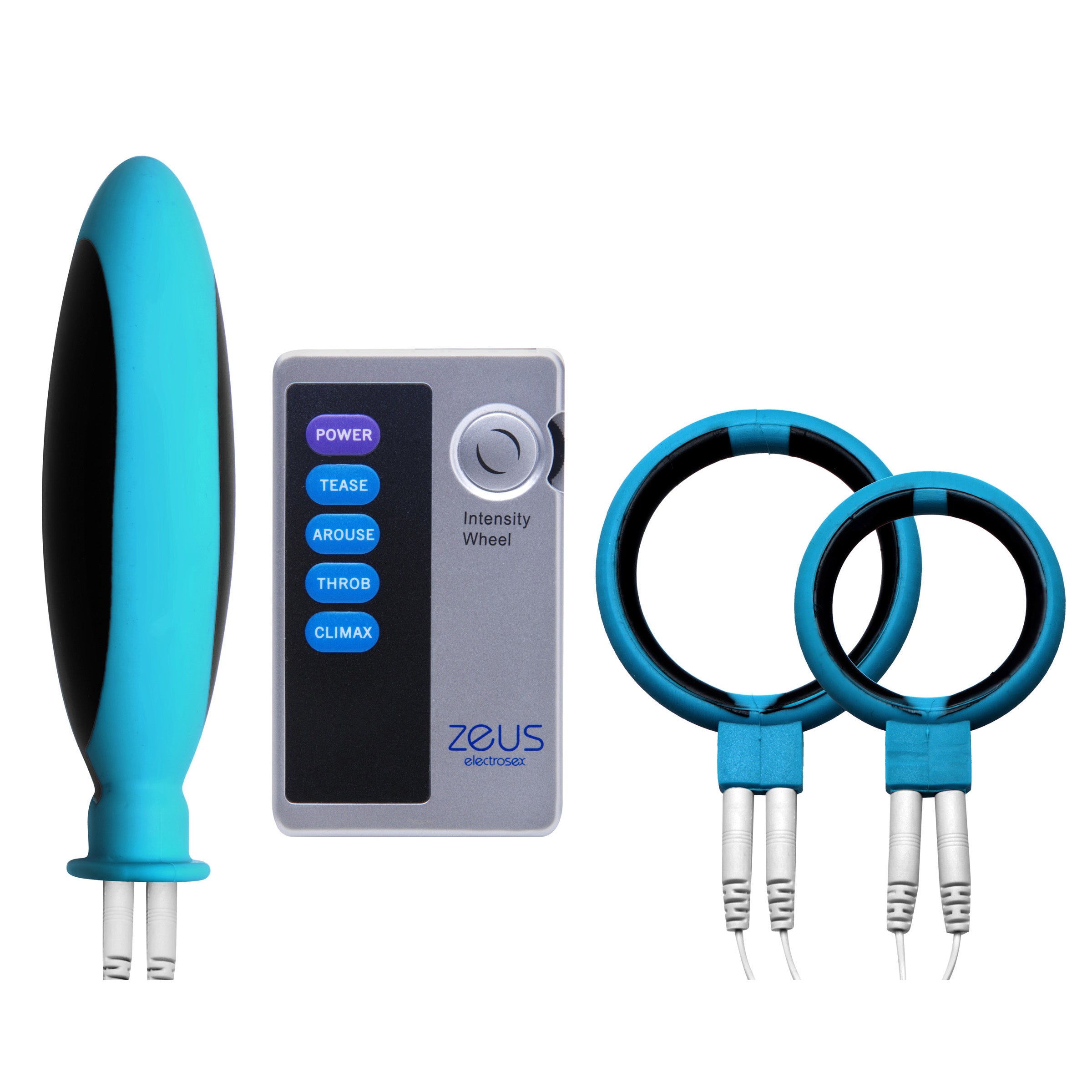 Mingle 4 Piece Electro Couples Kit featuring bi-polar erection rings and an electro insertable probe in blue color.