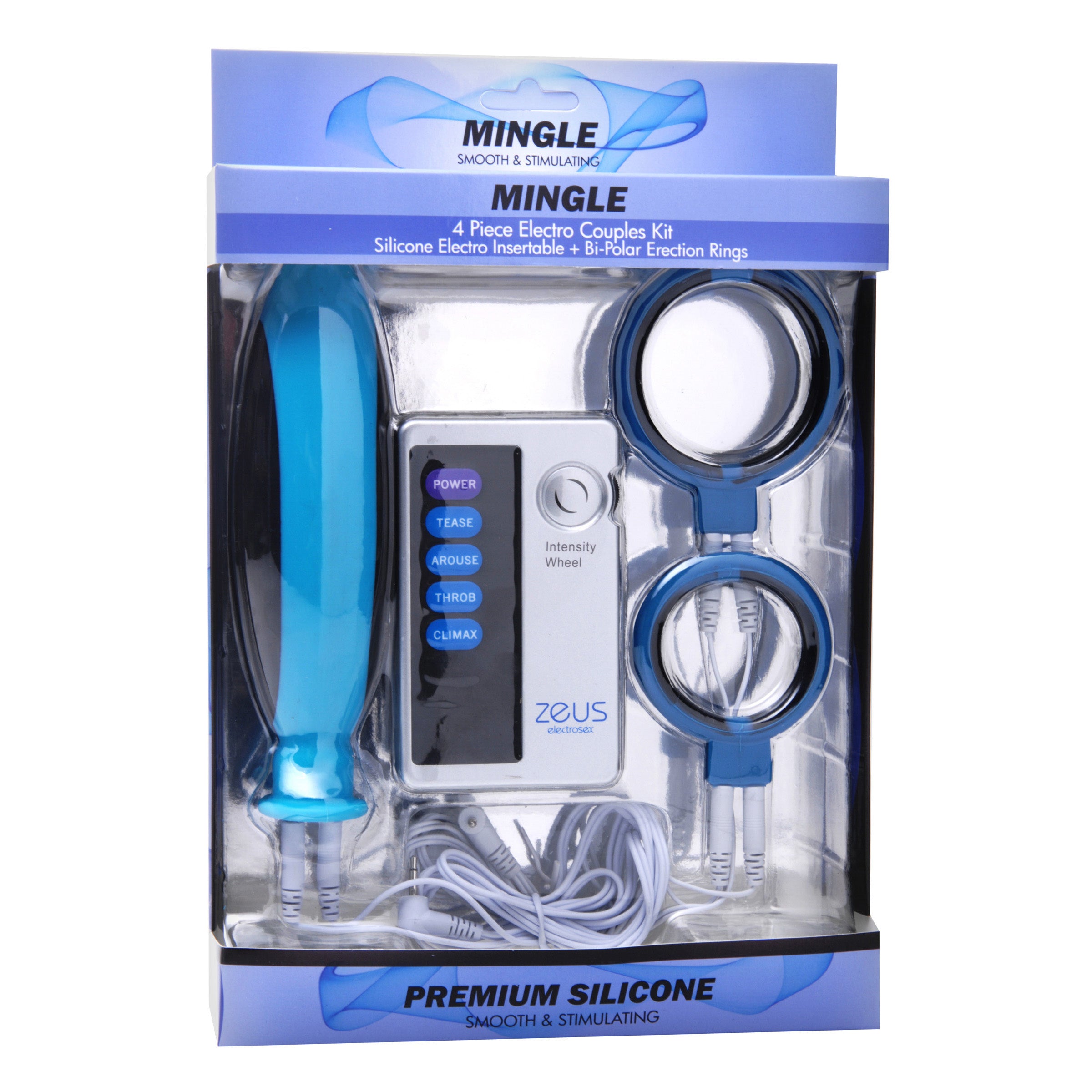 Mingle 4 Piece Electro Couples Kit featuring bi-polar erection rings and an electro insertable probe in blue color.