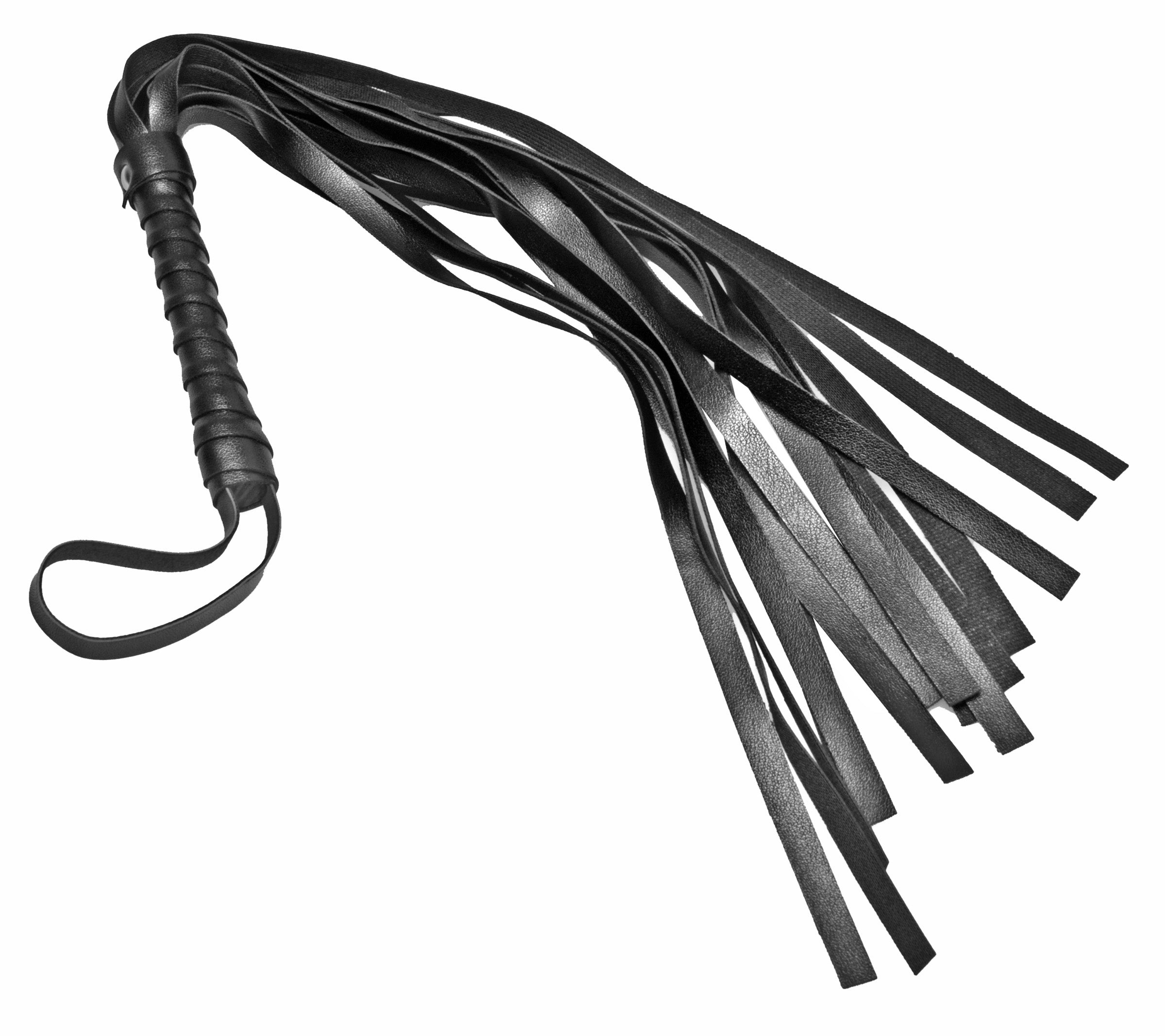 A compact Mini Hand Flogger made of black PU leather, designed for impact play, featuring 13.5-inch falls and an 18-inch total length.