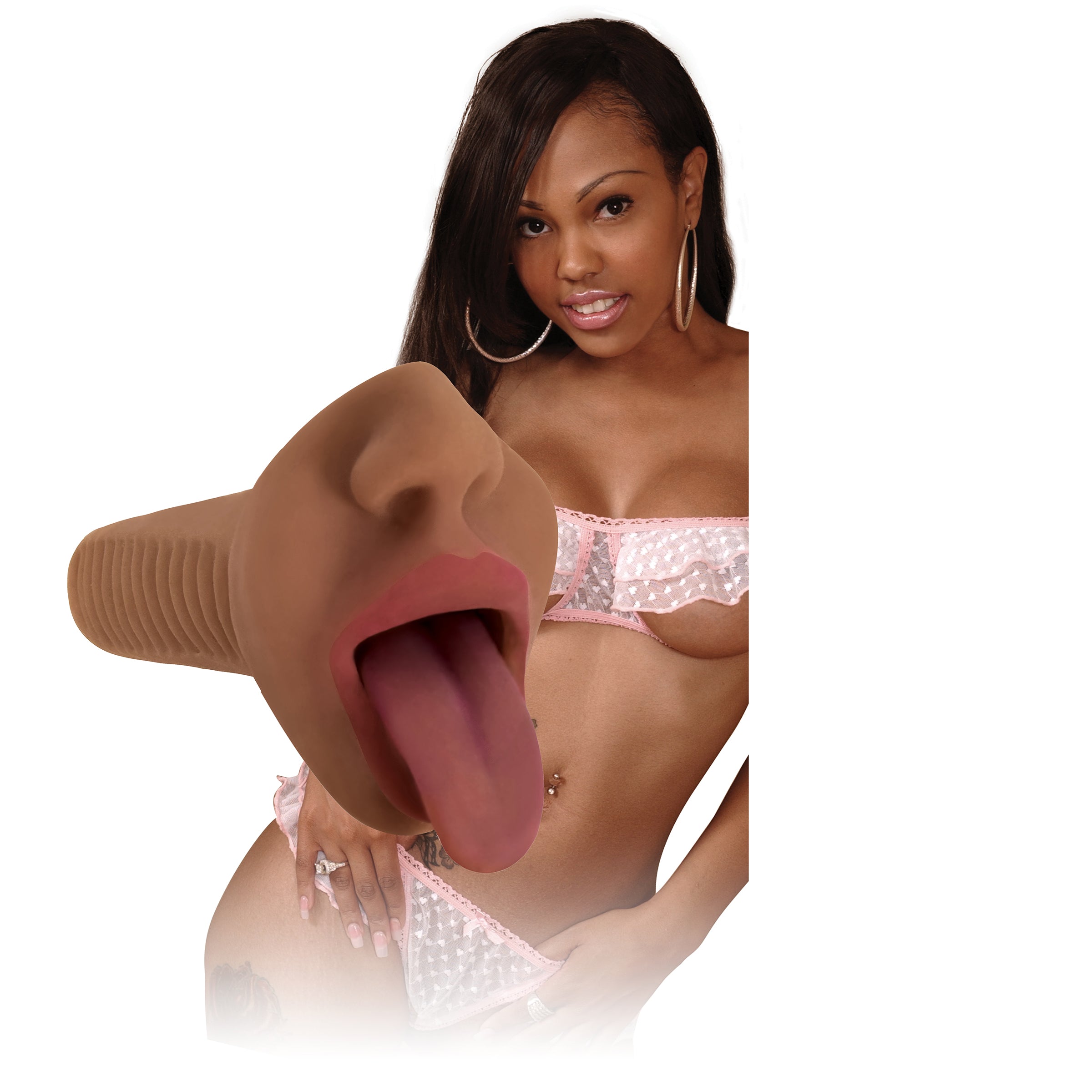 Mistress Mercedes Vibrating Mouth Stroker in dark color, showcasing realistic lips and ribbed interior for enhanced pleasure.