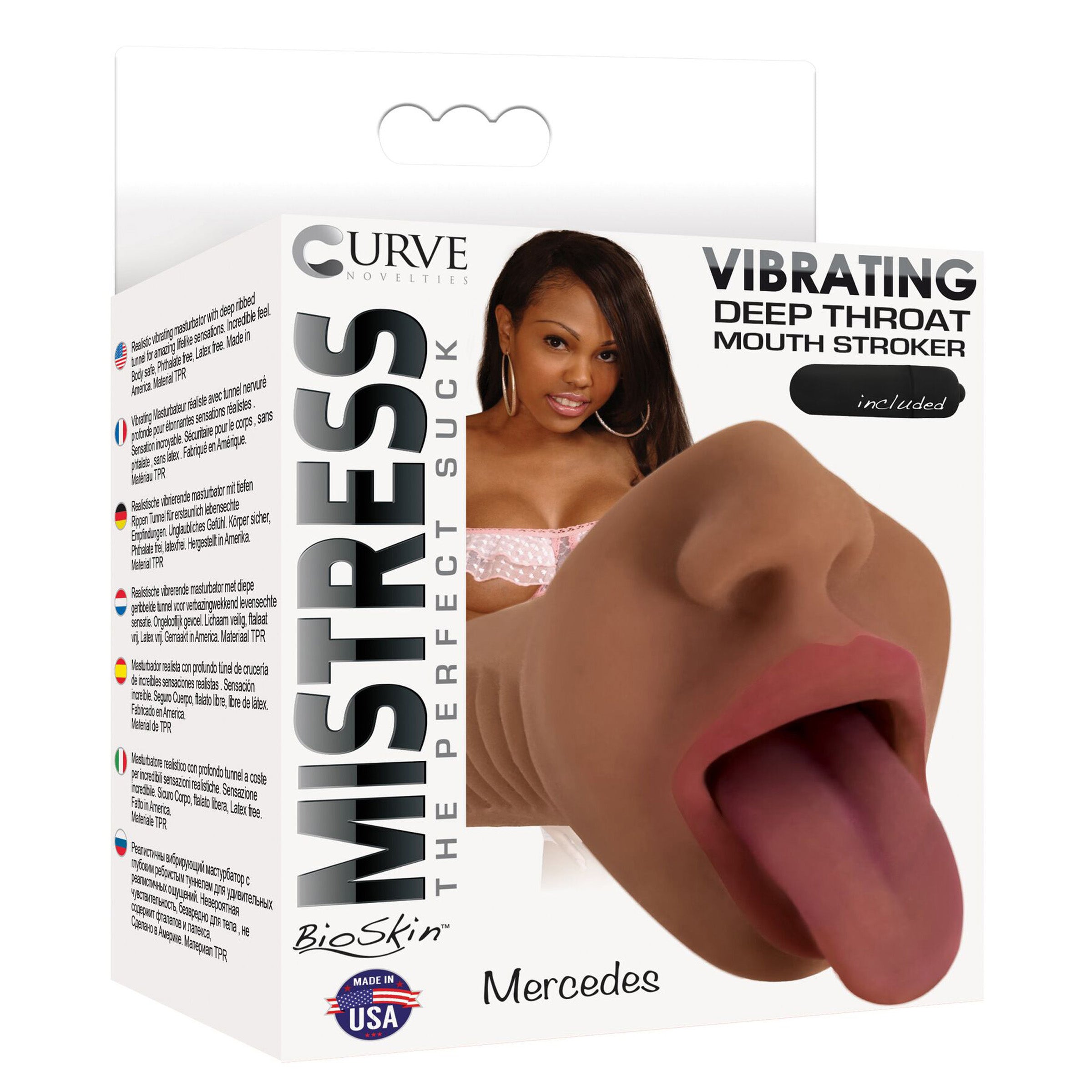 Mistress Mercedes Vibrating Mouth Stroker in dark color, showcasing realistic lips and ribbed interior for enhanced pleasure.