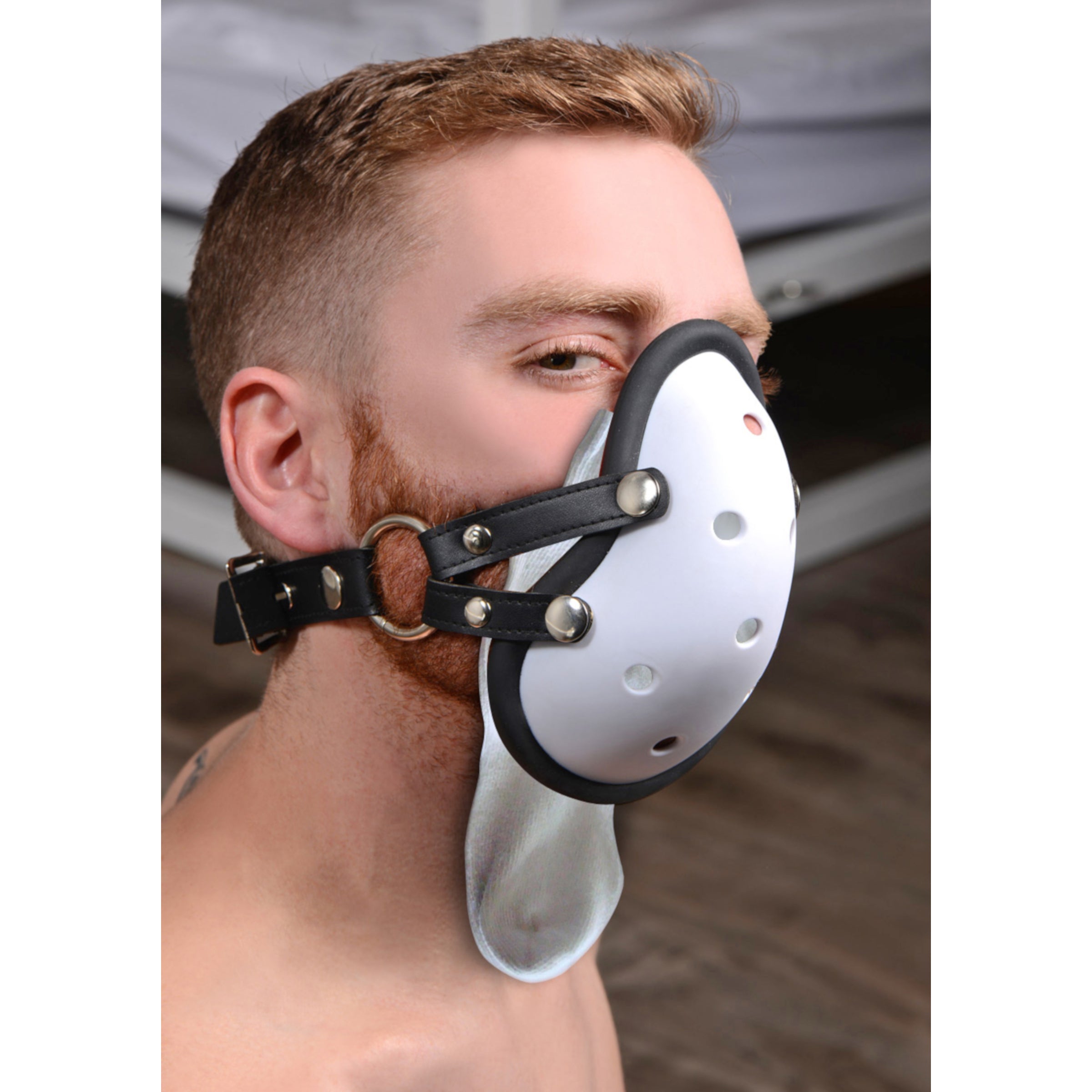 Musk Athletic Cup Muzzle featuring a silicone-lined athletic cup with adjustable straps, designed for sensory and humiliation play.