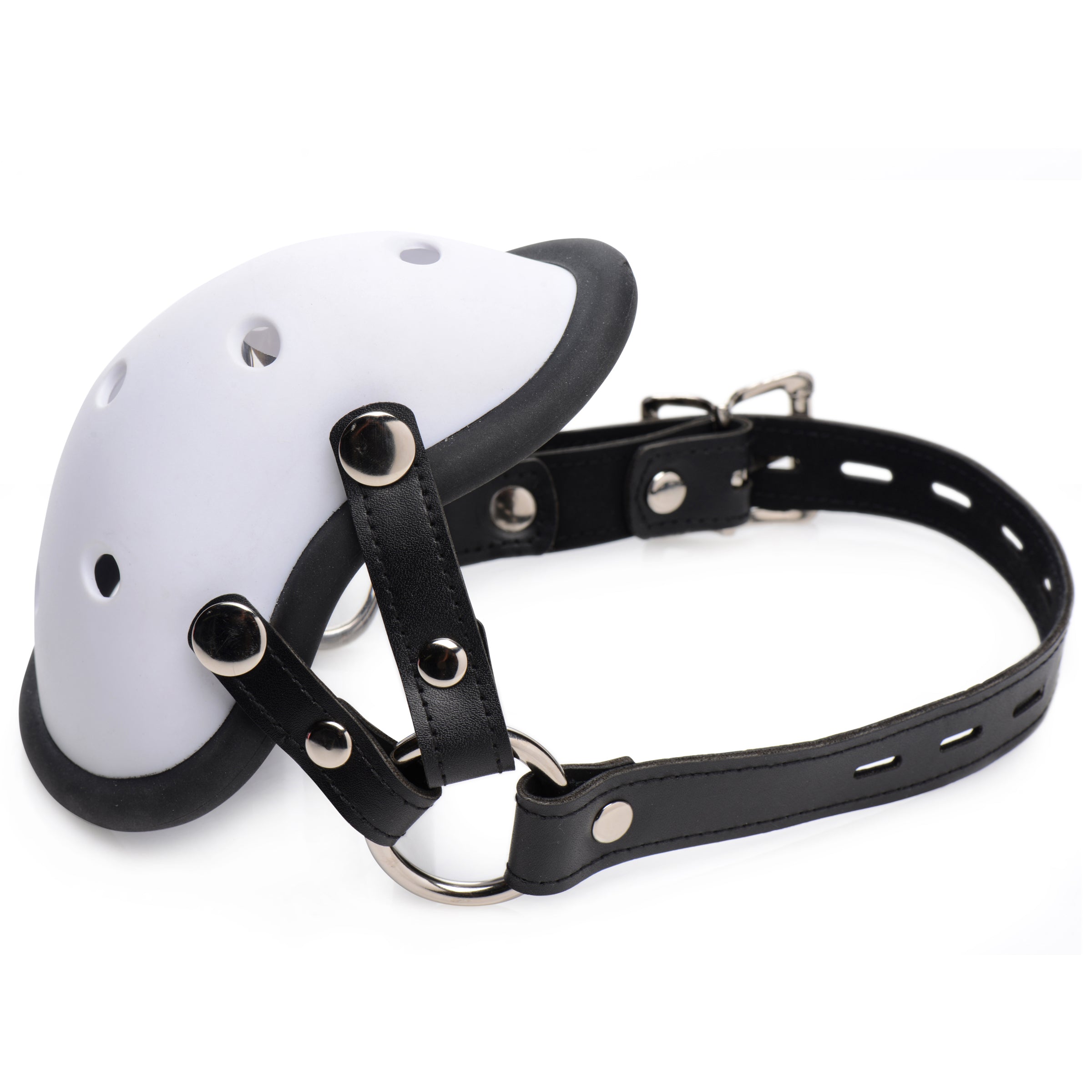 Musk Athletic Cup Muzzle featuring a silicone-lined athletic cup with adjustable straps, designed for sensory and humiliation play.