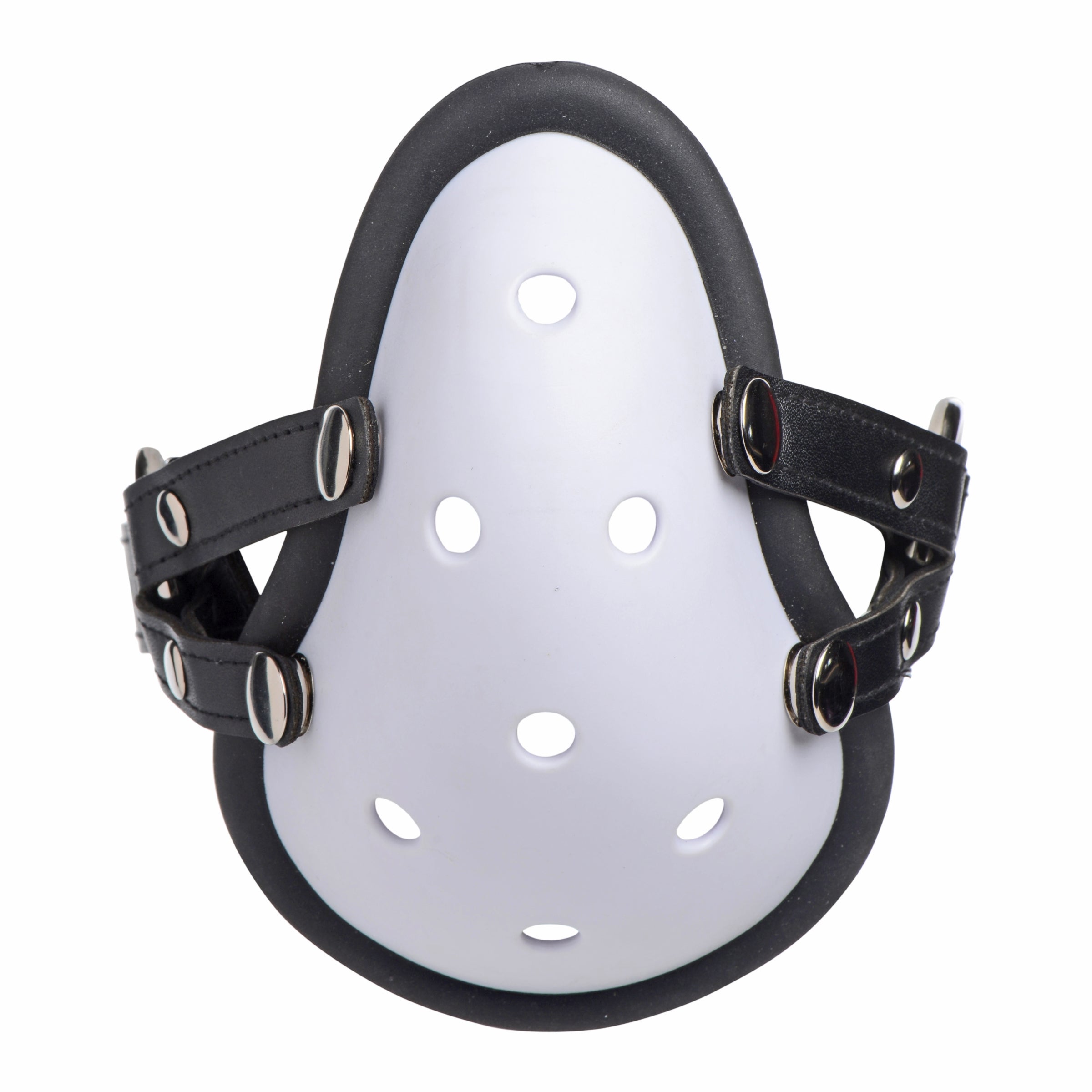 Musk Athletic Cup Muzzle featuring a silicone-lined athletic cup with adjustable straps, designed for sensory and humiliation play.