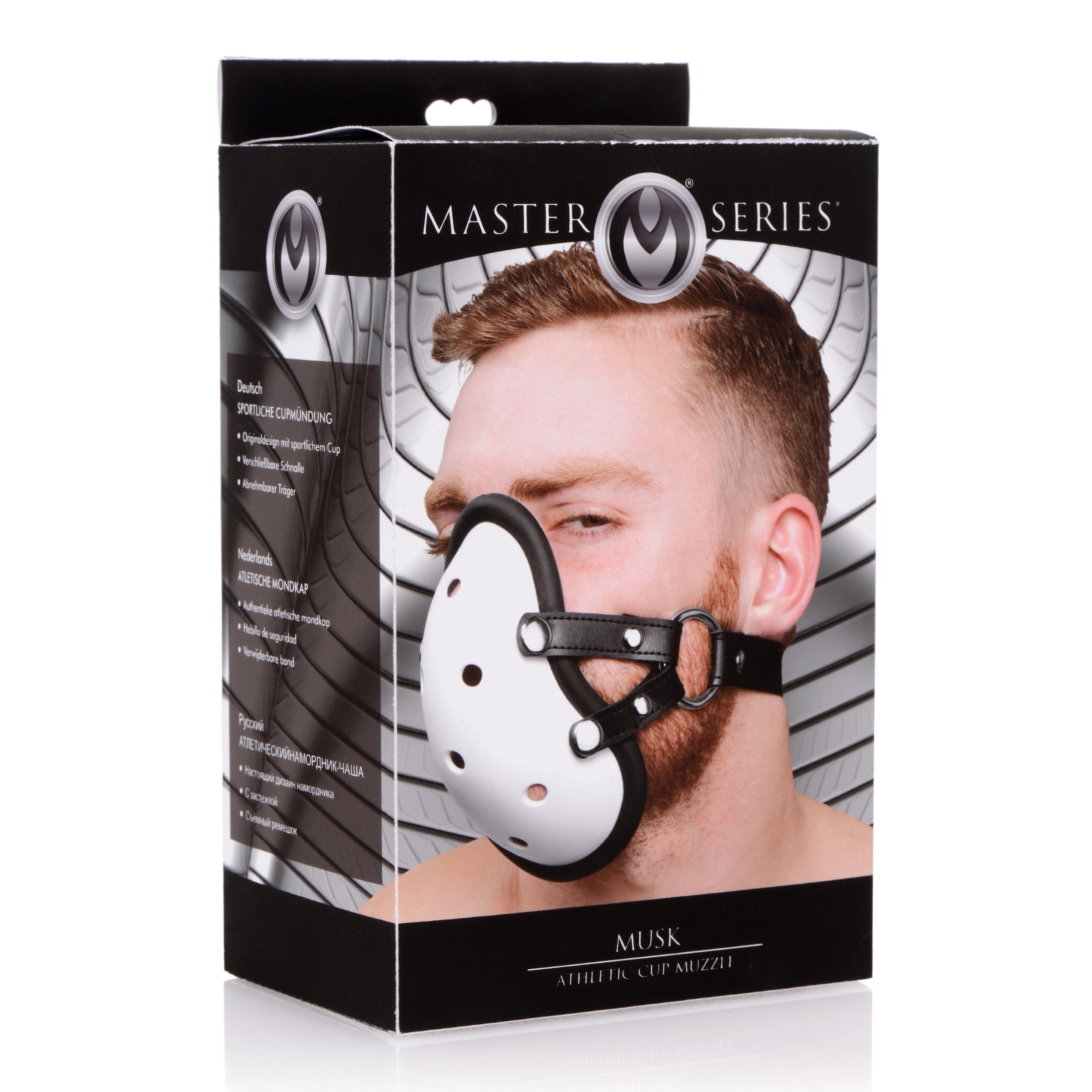 Musk Athletic Cup Muzzle featuring a silicone-lined athletic cup with adjustable straps, designed for sensory and humiliation play.