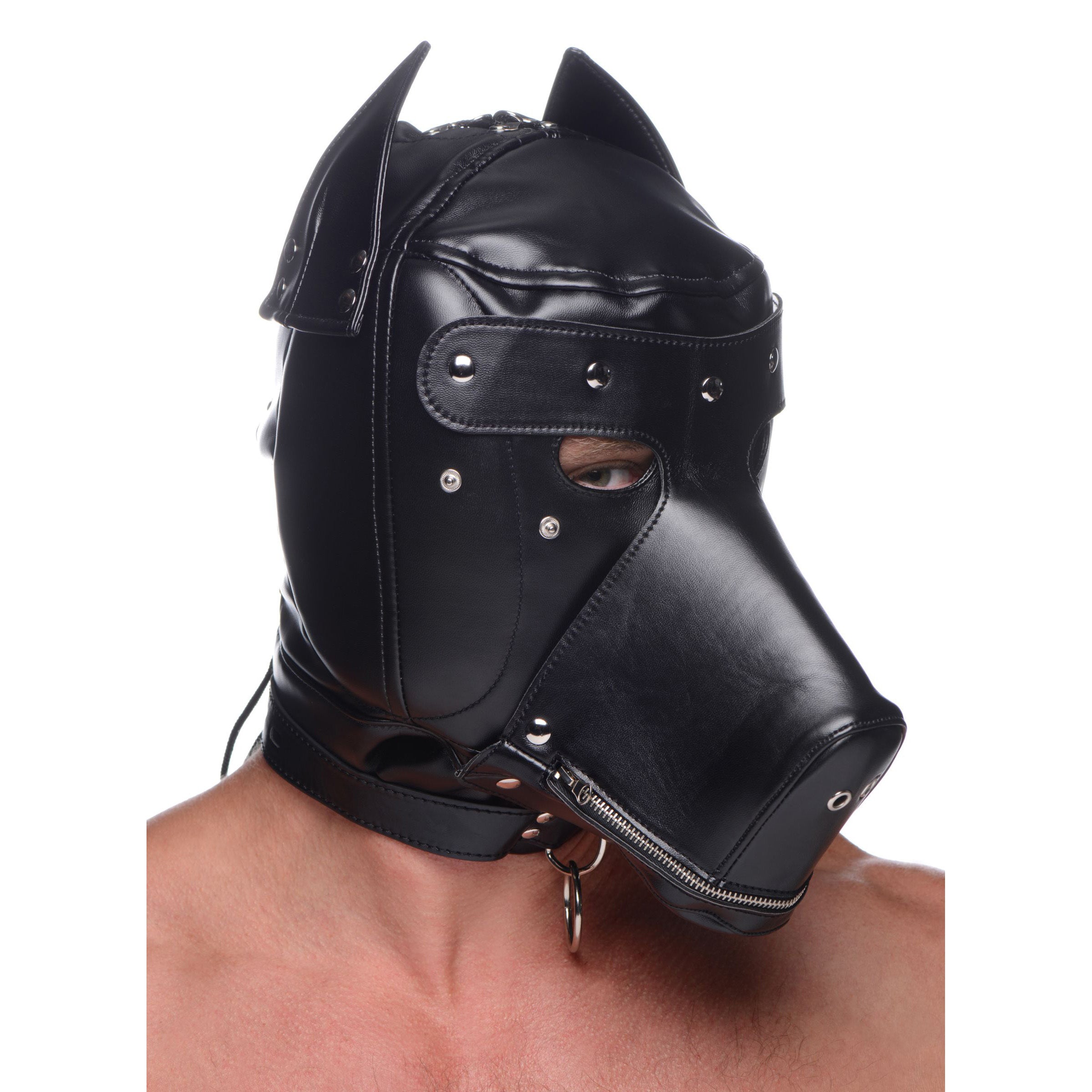 Muzzled Universal BDSM Hood featuring removable muzzle and adjustable collar, designed for sensory deprivation and puppy play.