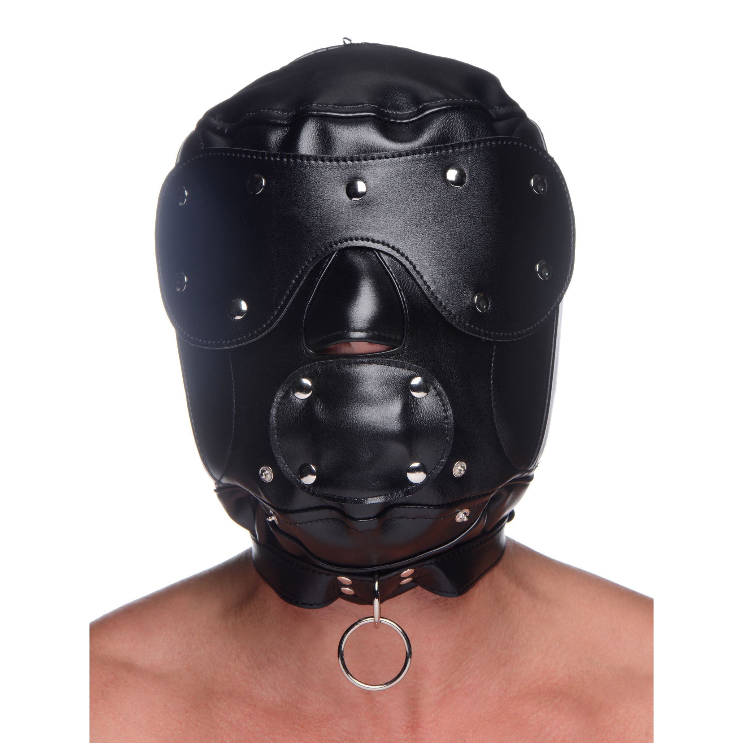 Muzzled Universal BDSM Hood featuring removable muzzle and adjustable collar, designed for sensory deprivation and puppy play.