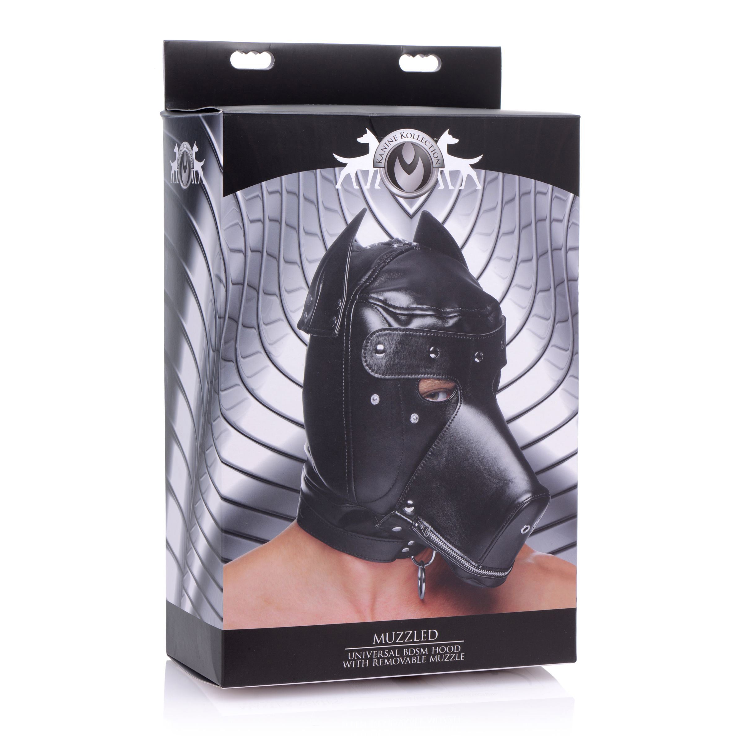 Muzzled Universal BDSM Hood featuring removable muzzle and adjustable collar, designed for sensory deprivation and puppy play.