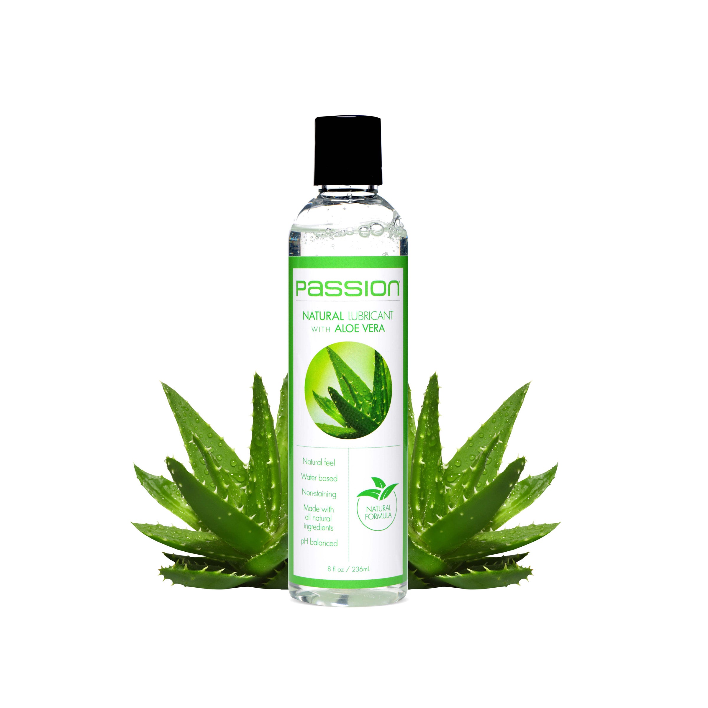 Natural Lubricant with Aloe Vera in an 8oz bottle, showcasing its clear, smooth texture and soothing properties.
