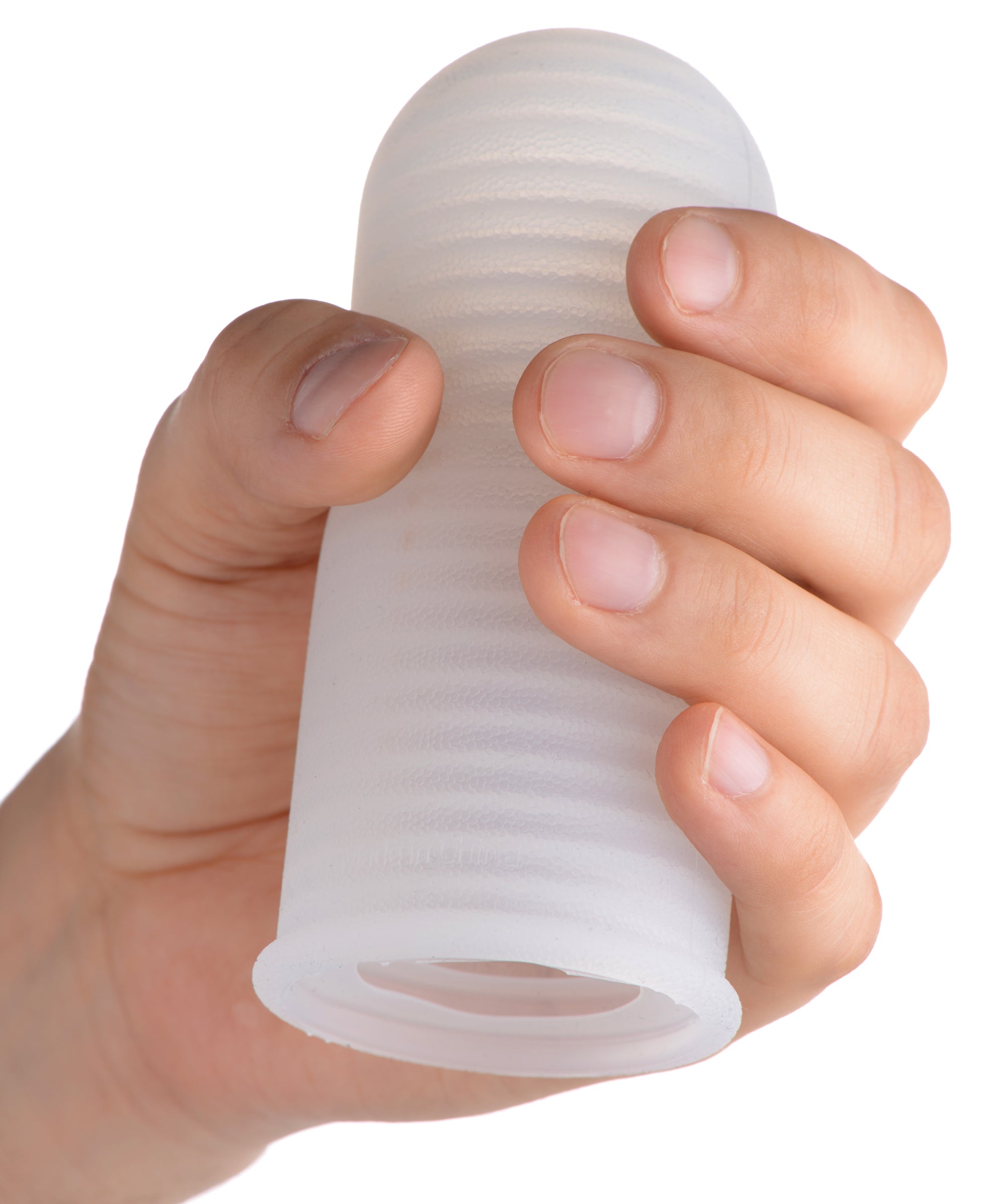 Palm-Tec Ultra Grip Ribbed Silicone Masturbator in white, showcasing its ribbed texture and dual-density design for enhanced pleasure.