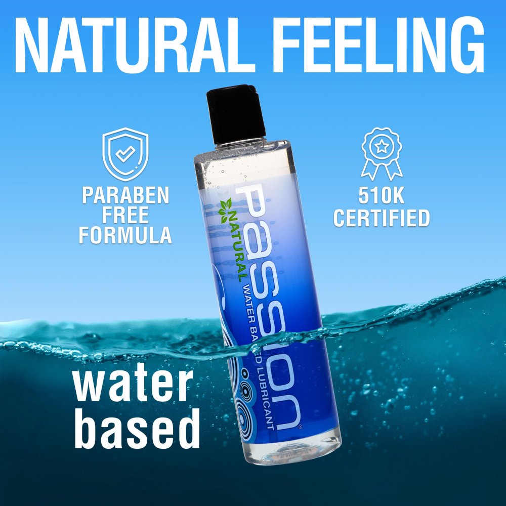 Passion Lubricants Water-Based 10oz bottle with clear lubricant, designed for enhanced pleasure and easy use.