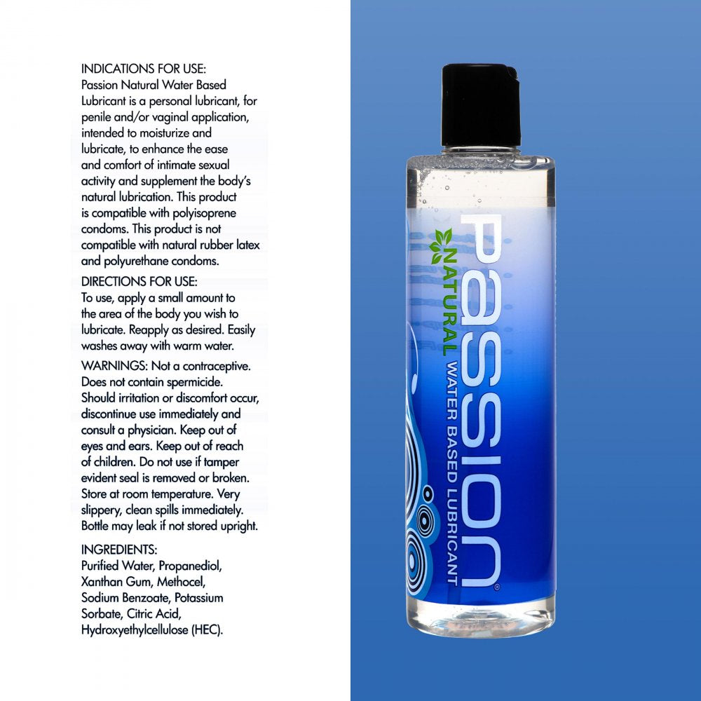Passion Lubricants Water-Based 10oz bottle with clear lubricant, designed for enhanced pleasure and easy use.