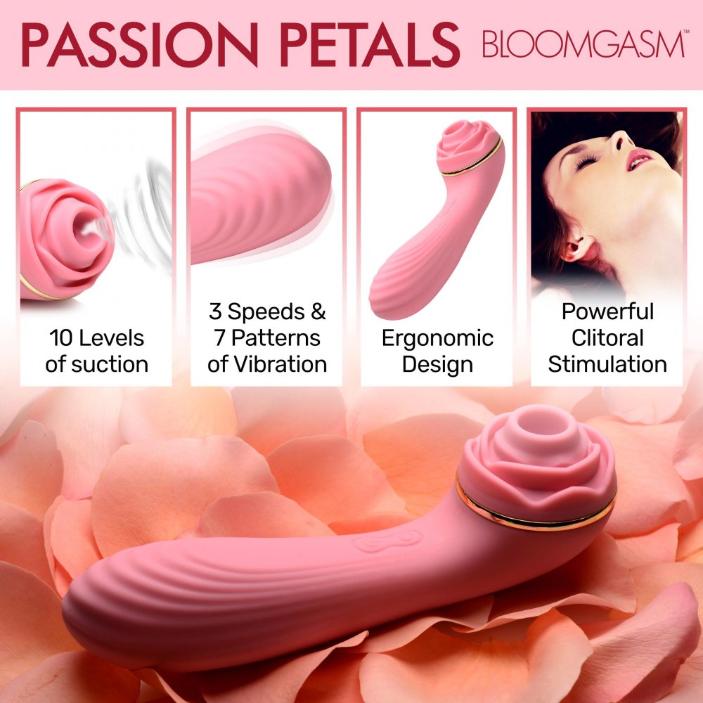 Passion Petals 10X Silicone Suction Rose Vibrator in pink, featuring a textured shaft and suction rosebud for enhanced pleasure.