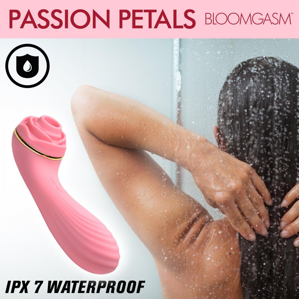Passion Petals 10X Silicone Suction Rose Vibrator in pink, featuring a textured shaft and suction rosebud for enhanced pleasure.