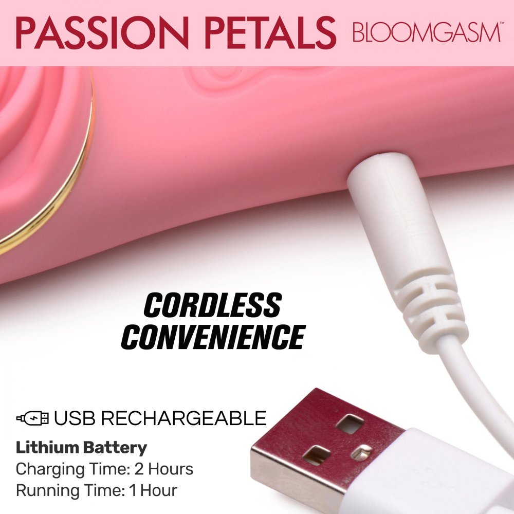 Passion Petals 10X Silicone Suction Rose Vibrator in pink, featuring a textured shaft and suction rosebud for enhanced pleasure.