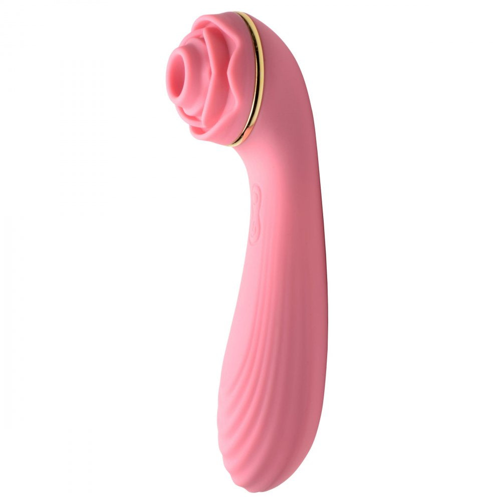Passion Petals 10X Silicone Suction Rose Vibrator in pink, featuring a textured shaft and suction rosebud for enhanced pleasure.