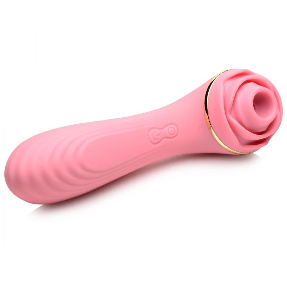 Passion Petals 10X Silicone Suction Rose Vibrator in pink, featuring a textured shaft and suction rosebud for enhanced pleasure.