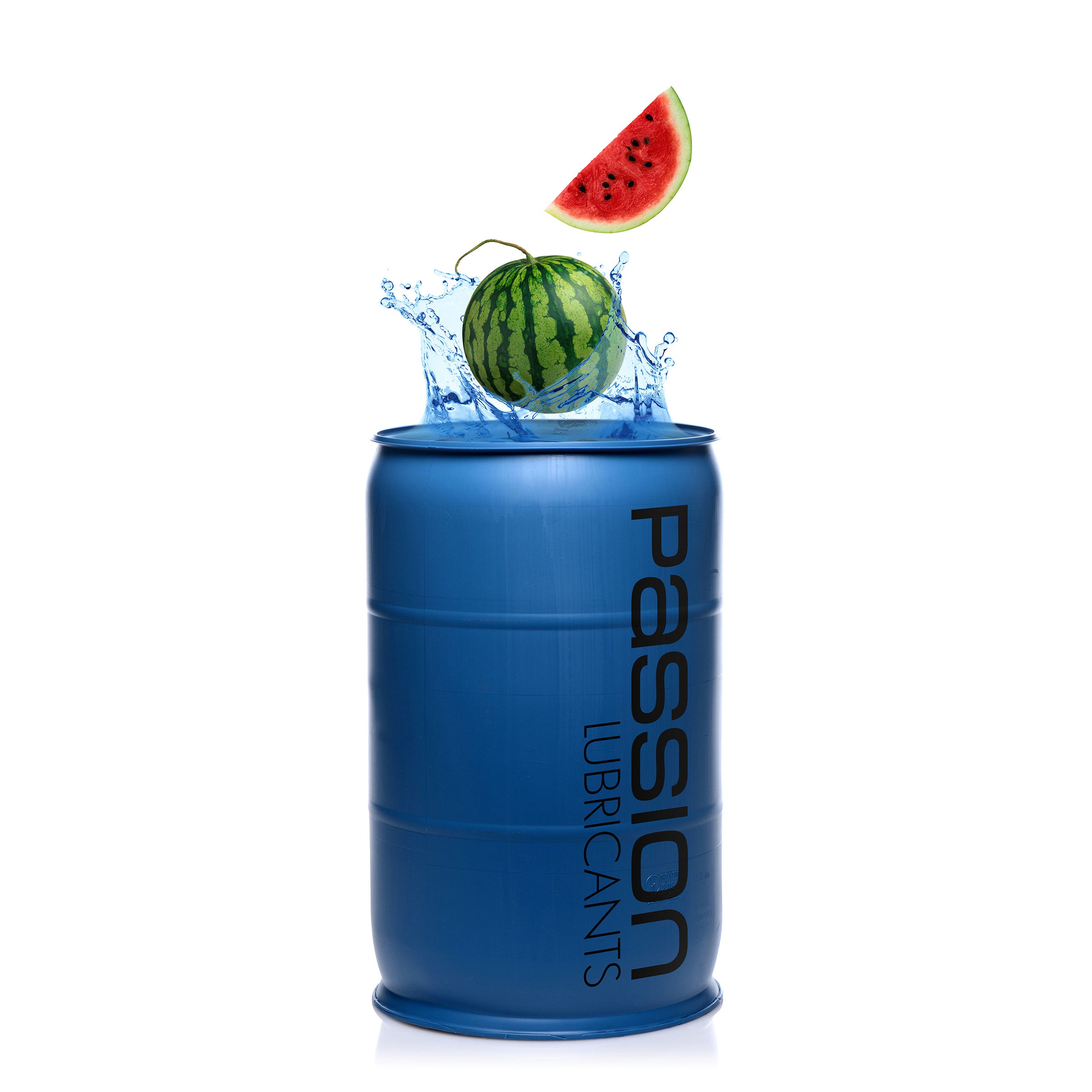 A 55-gallon drum of Passion Watermelon Flavored Lubricant, showcasing its vibrant packaging and pump for easy dispensing.