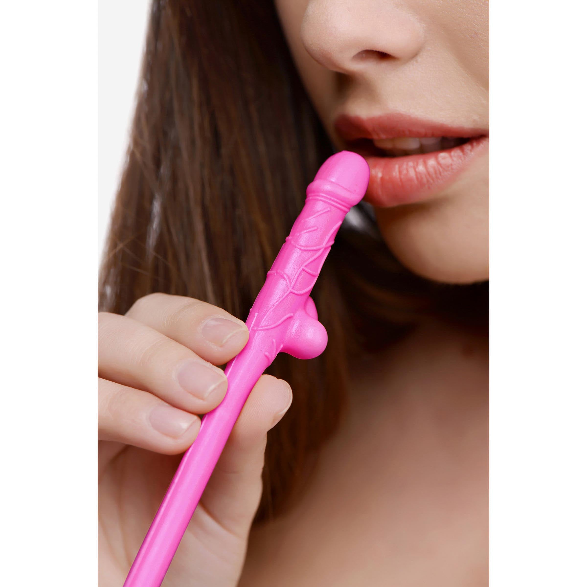A pack of 10 pink penis-shaped sipping straws, perfect for bachelorette parties and fun gatherings.