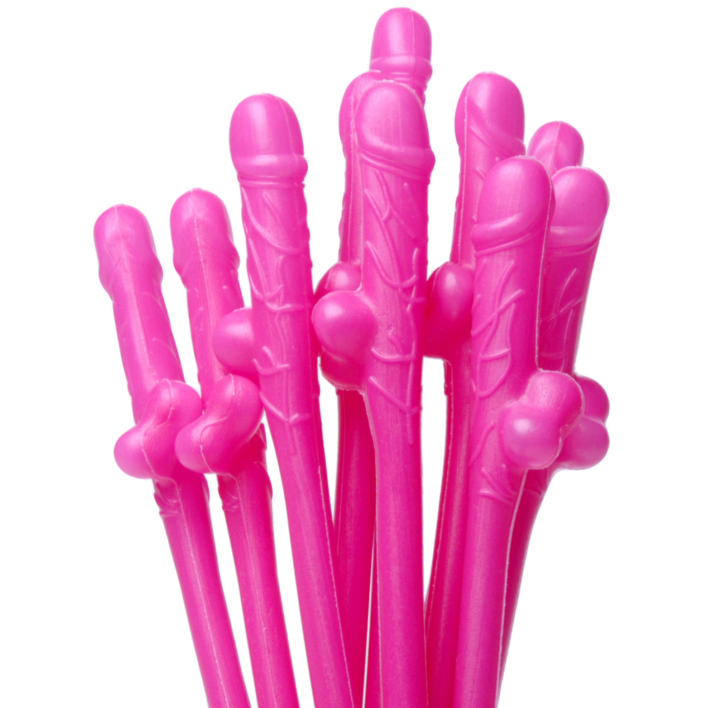 A pack of 10 pink penis-shaped sipping straws, perfect for bachelorette parties and fun gatherings.