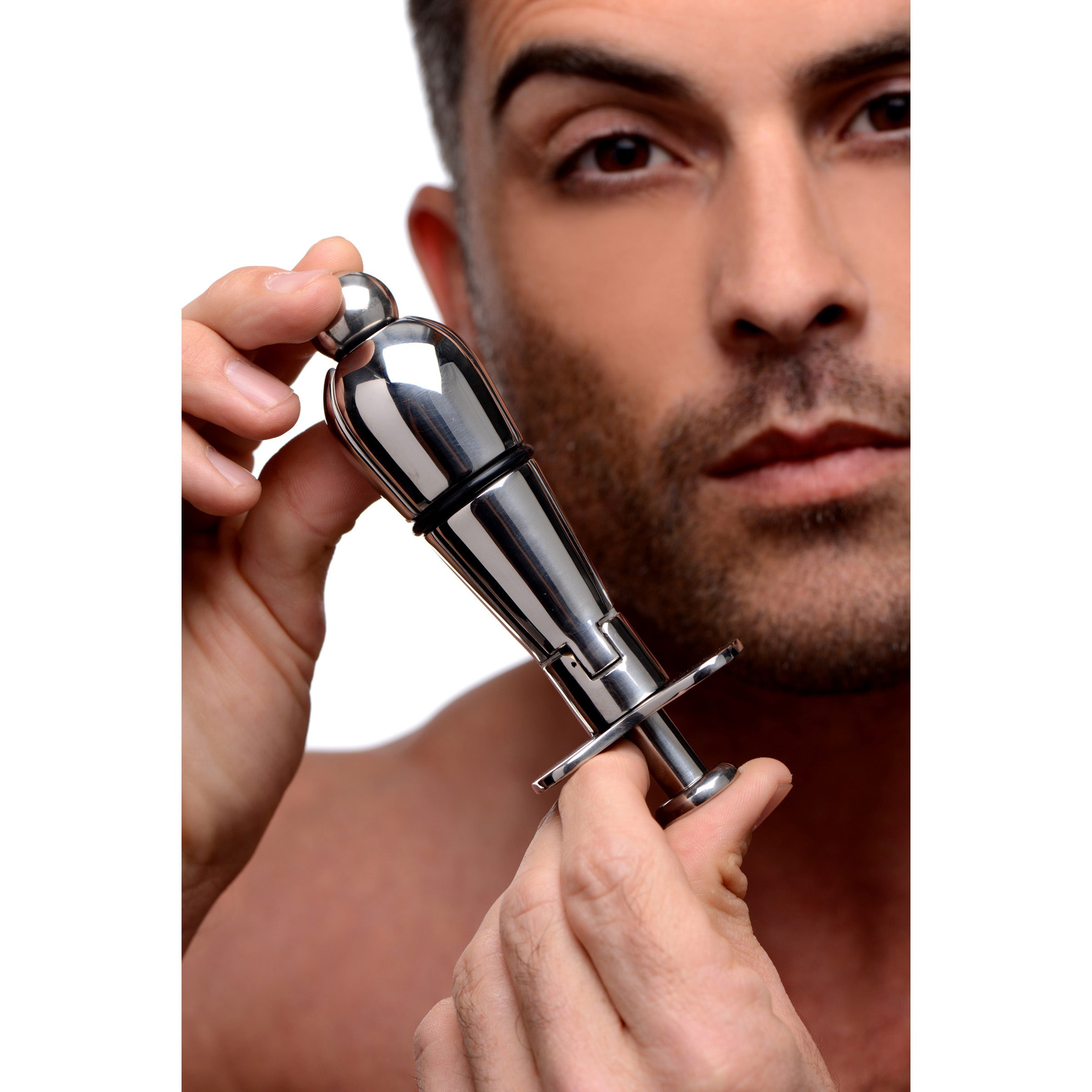 Petite Stainless Steel Ass Lock with locking mechanism and adjustable prongs for anal play.