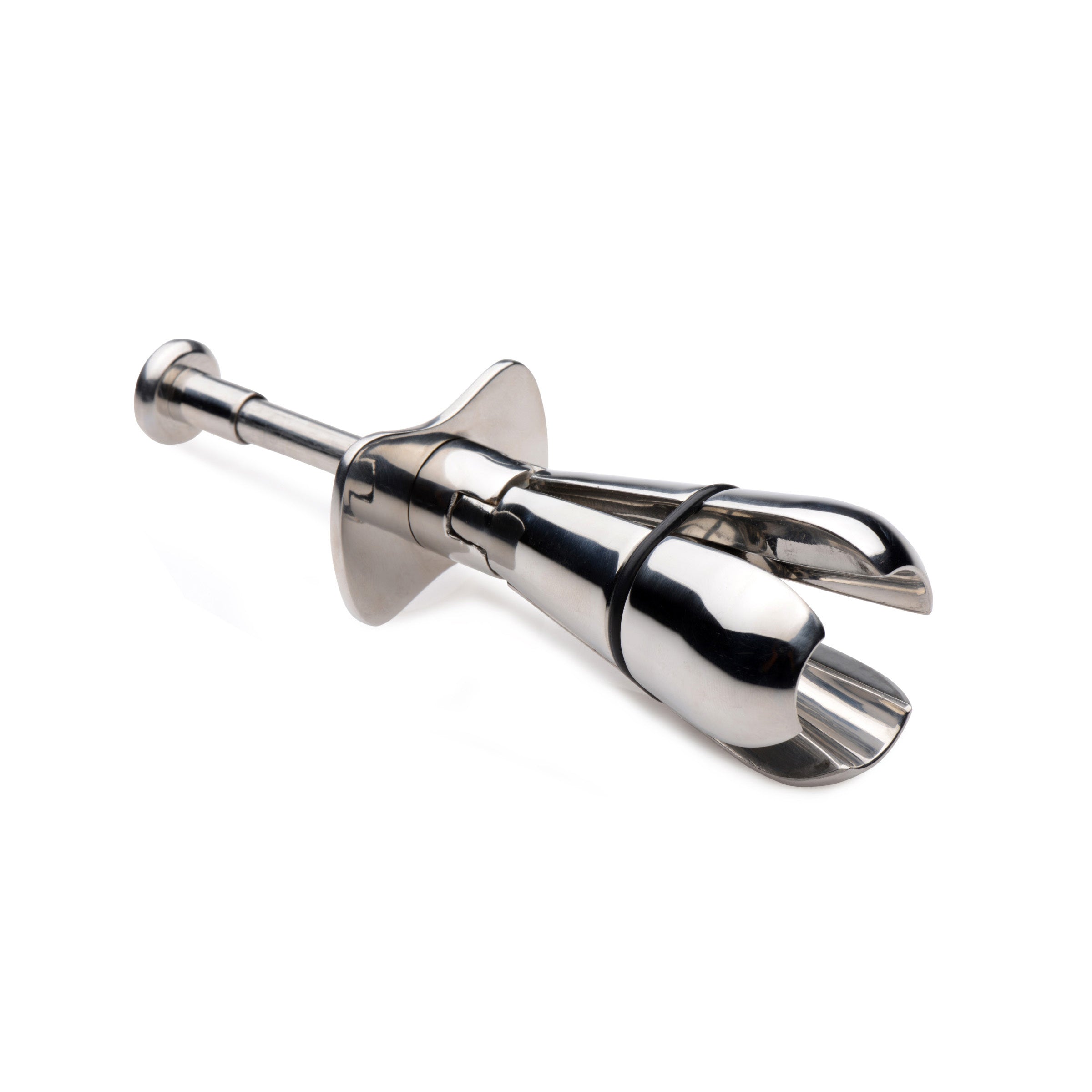 Petite Stainless Steel Ass Lock with locking mechanism and adjustable prongs for anal play.