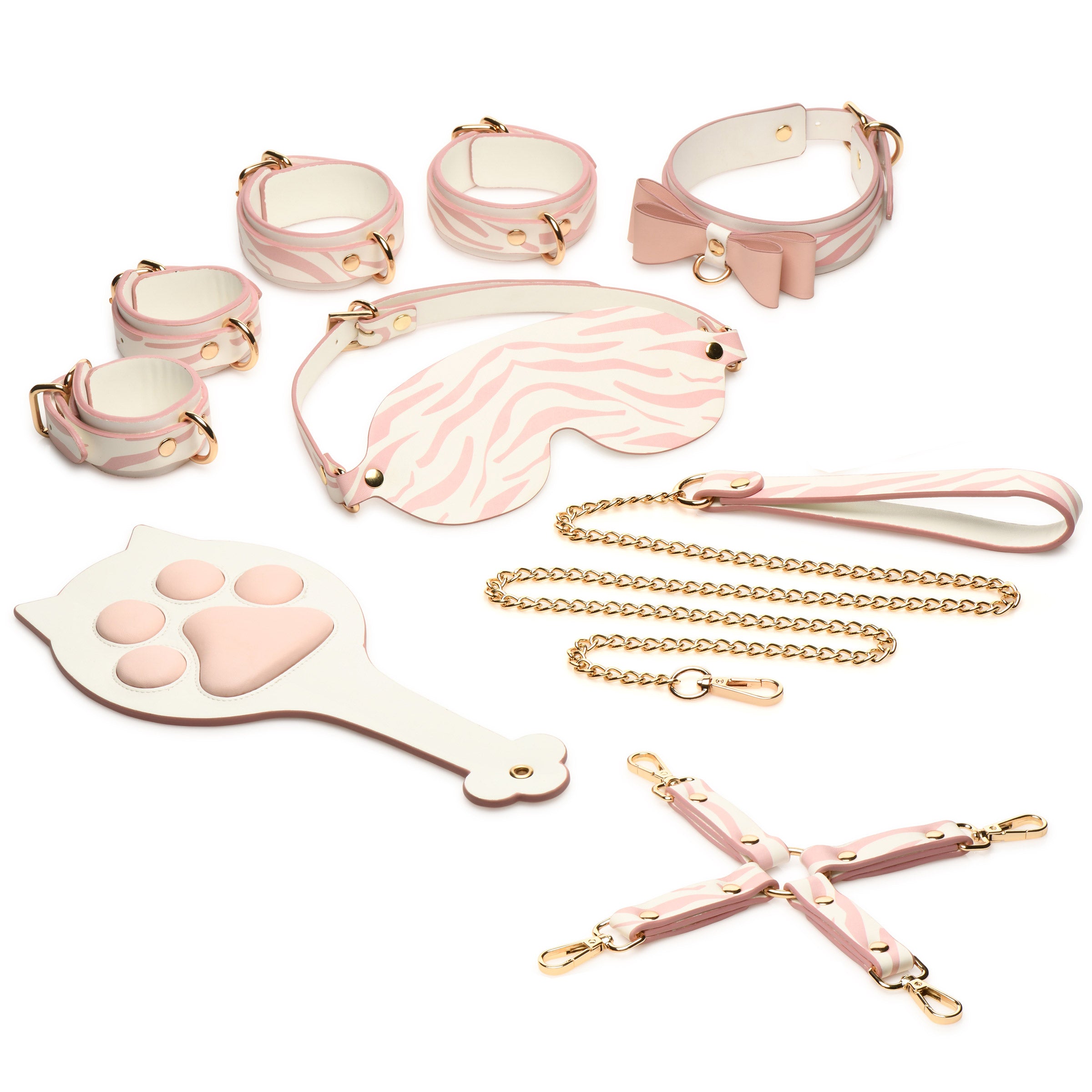 Pink Kitty Bondage Set featuring vegan leather cuffs, kitty collar, blindfold, hogtie, and paddle with a playful tiger stripe design.