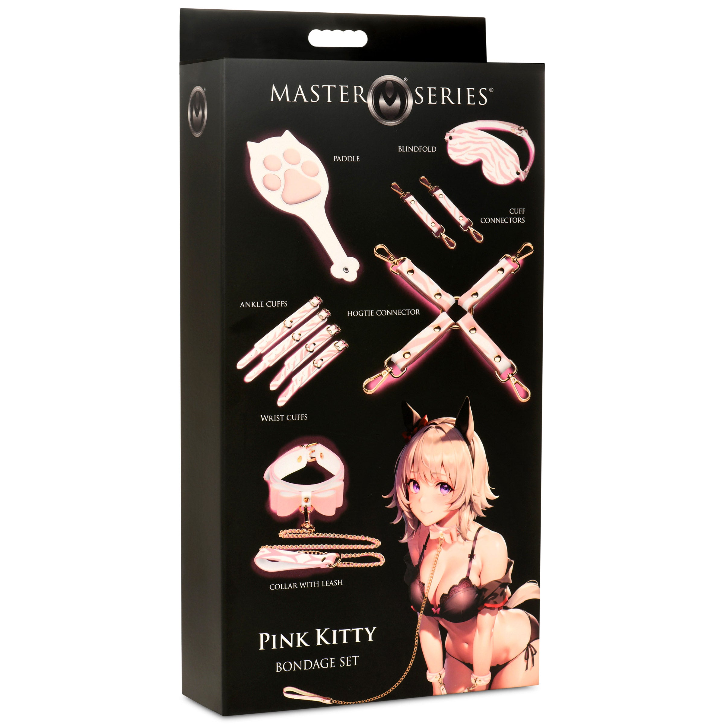Pink Kitty Bondage Set featuring vegan leather cuffs, kitty collar, blindfold, hogtie, and paddle with a playful tiger stripe design.