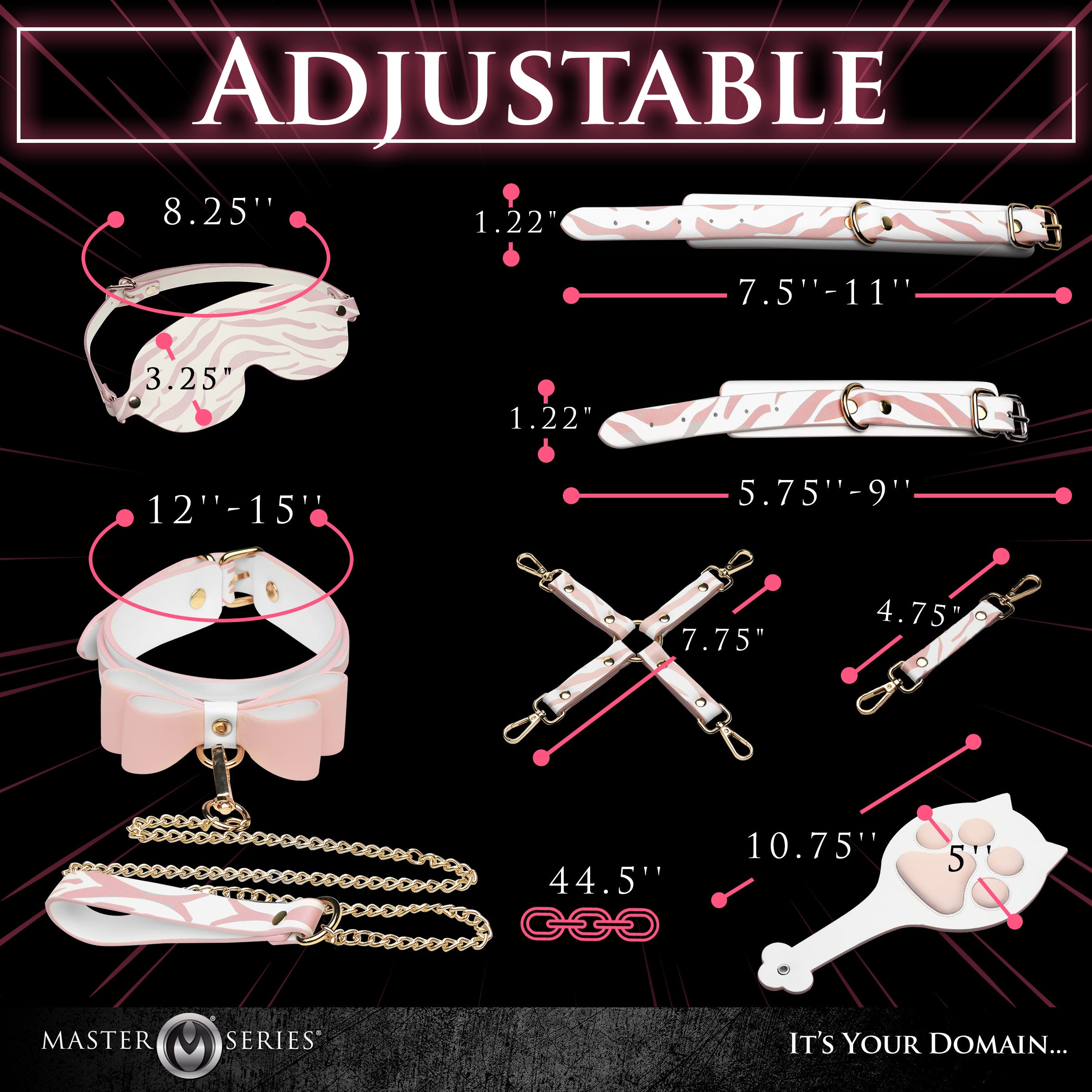 Pink Kitty Bondage Set featuring vegan leather cuffs, kitty collar, blindfold, hogtie, and paddle with a playful tiger stripe design.