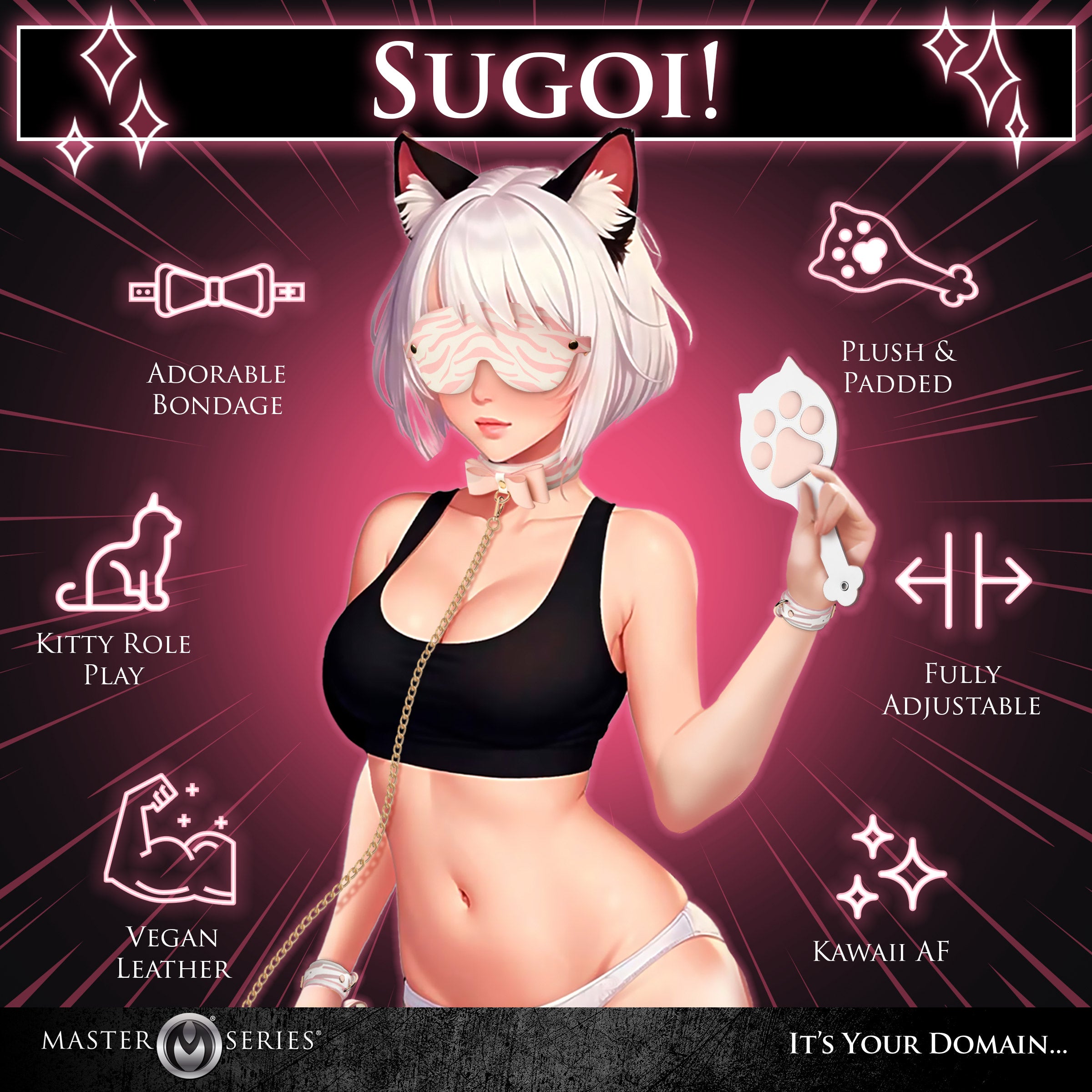 Pink Kitty Bondage Set featuring vegan leather cuffs, kitty collar, blindfold, hogtie, and paddle with a playful tiger stripe design.