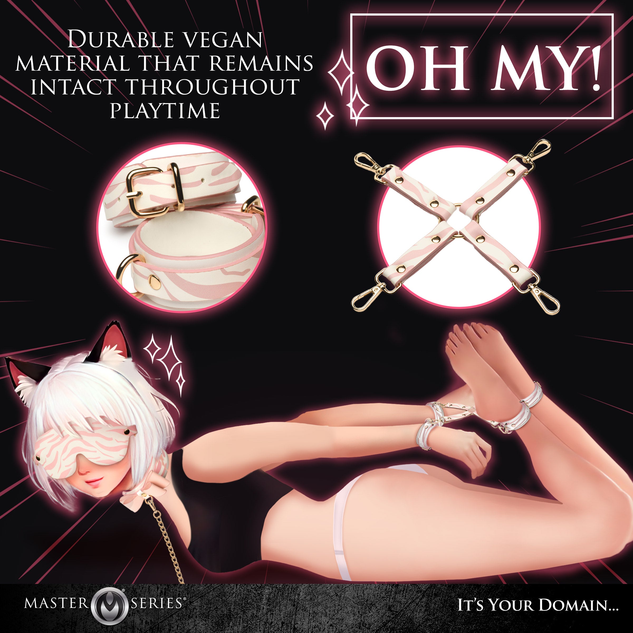 Pink Kitty Bondage Set featuring vegan leather cuffs, kitty collar, blindfold, hogtie, and paddle with a playful tiger stripe design.