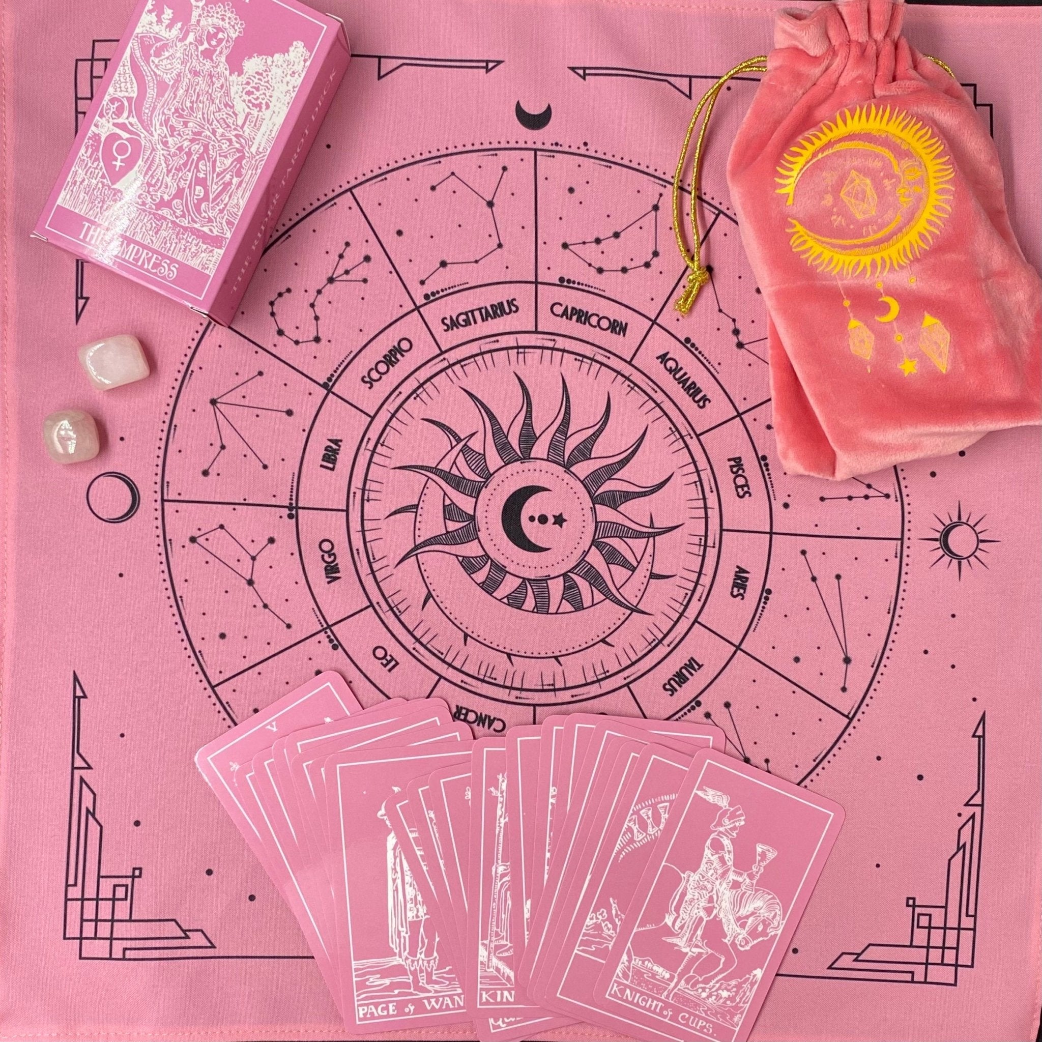 A luxurious pink tarot cloth measuring 18x18 inches, perfect for tarot card spreads, made from high-quality material.