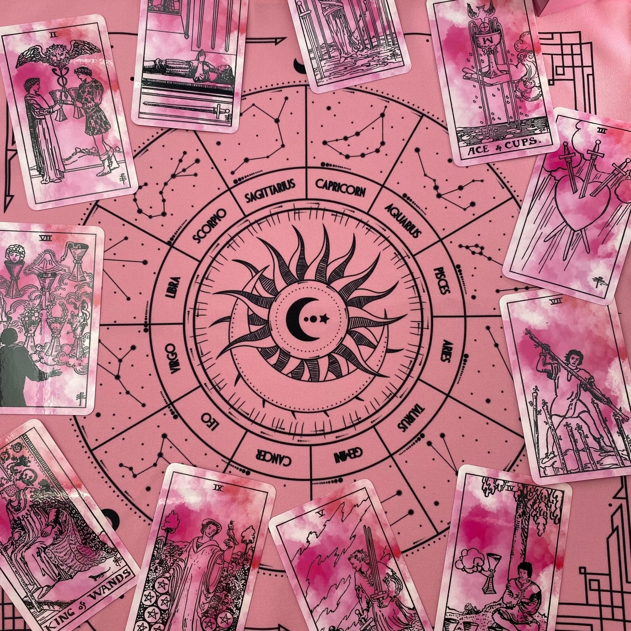 A luxurious pink tarot cloth measuring 18x18 inches, perfect for tarot card spreads, made from high-quality material.